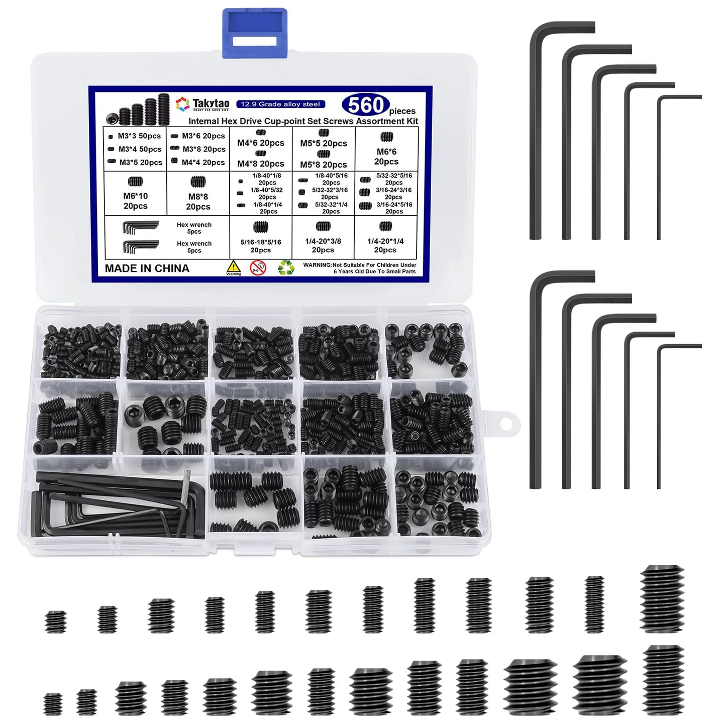 560PCS 25 Sizes Metric & SAE Set Screw Assortment Kit,12.9 Class Alloy Steel Internal Hex Drive Cup-Point Set Screws Assortment Kit with 10 Hex Wrenches, M3 to M8 and 1/8-40 to 5/16-18