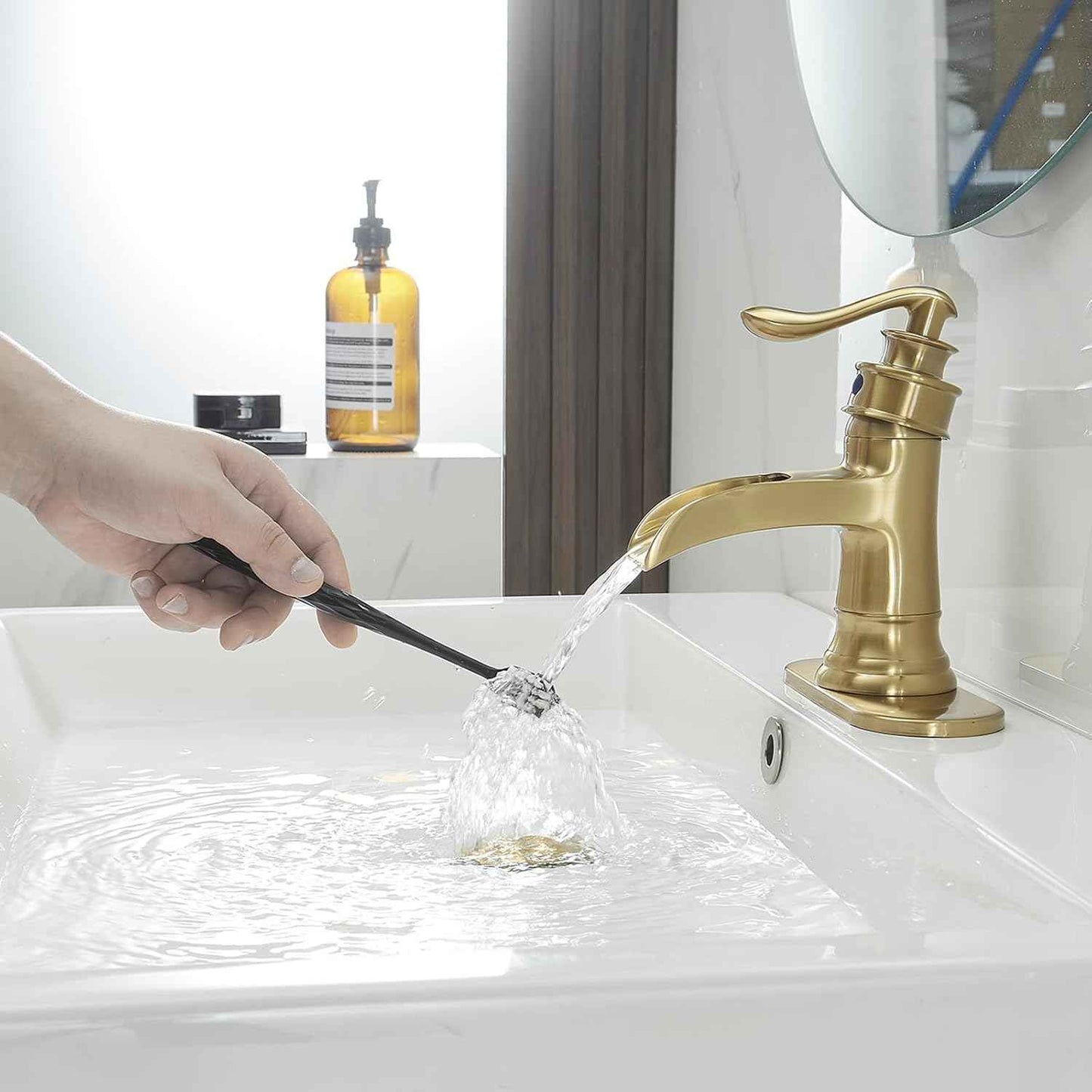 Matte Black Waterfall Bathroom Faucet - Single Handle Lavatory Sink Mixer with Brass Drain