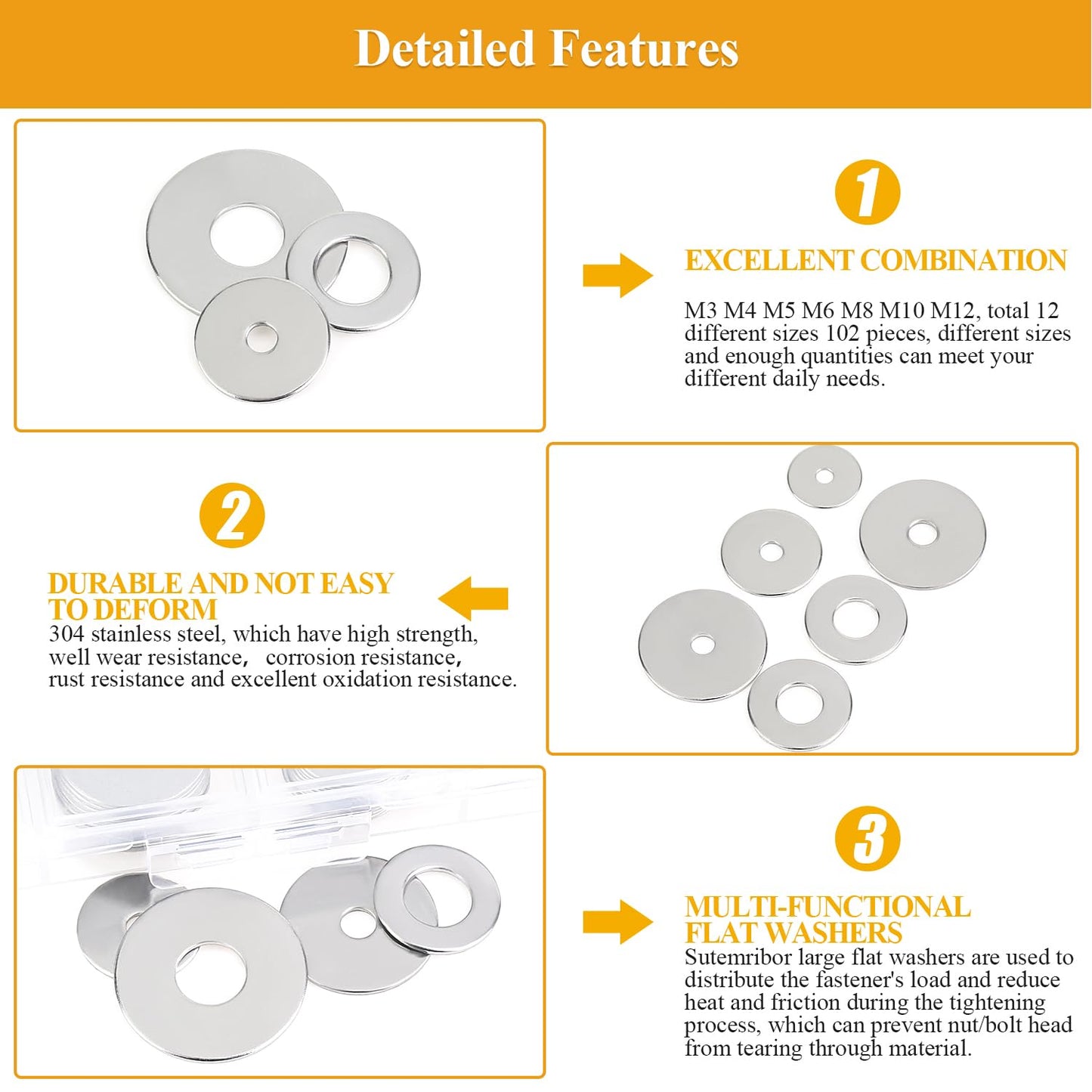 Sutemribor 102 Pieces Stainless Steel Fender Washers, Flat Washers, Metal Washers for Screws Bolts, Fender Washers Assortment Kit, Assorted Washers Set (M3 M4 M5 M6 M8 M10 M12)