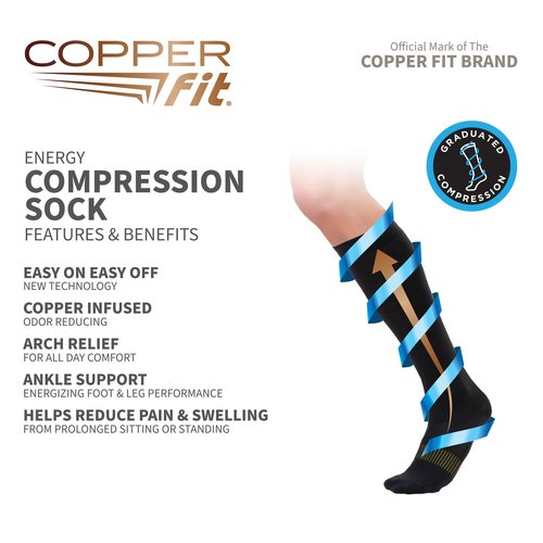 Copper Fit® Energy Graduated Compression Socks for Men & Women | Easy On, Easy Off | Circulation & Swelling Relief | Ideal for Travel, Nurses, Running, & Recovery (Black, 3 Pack LXL)