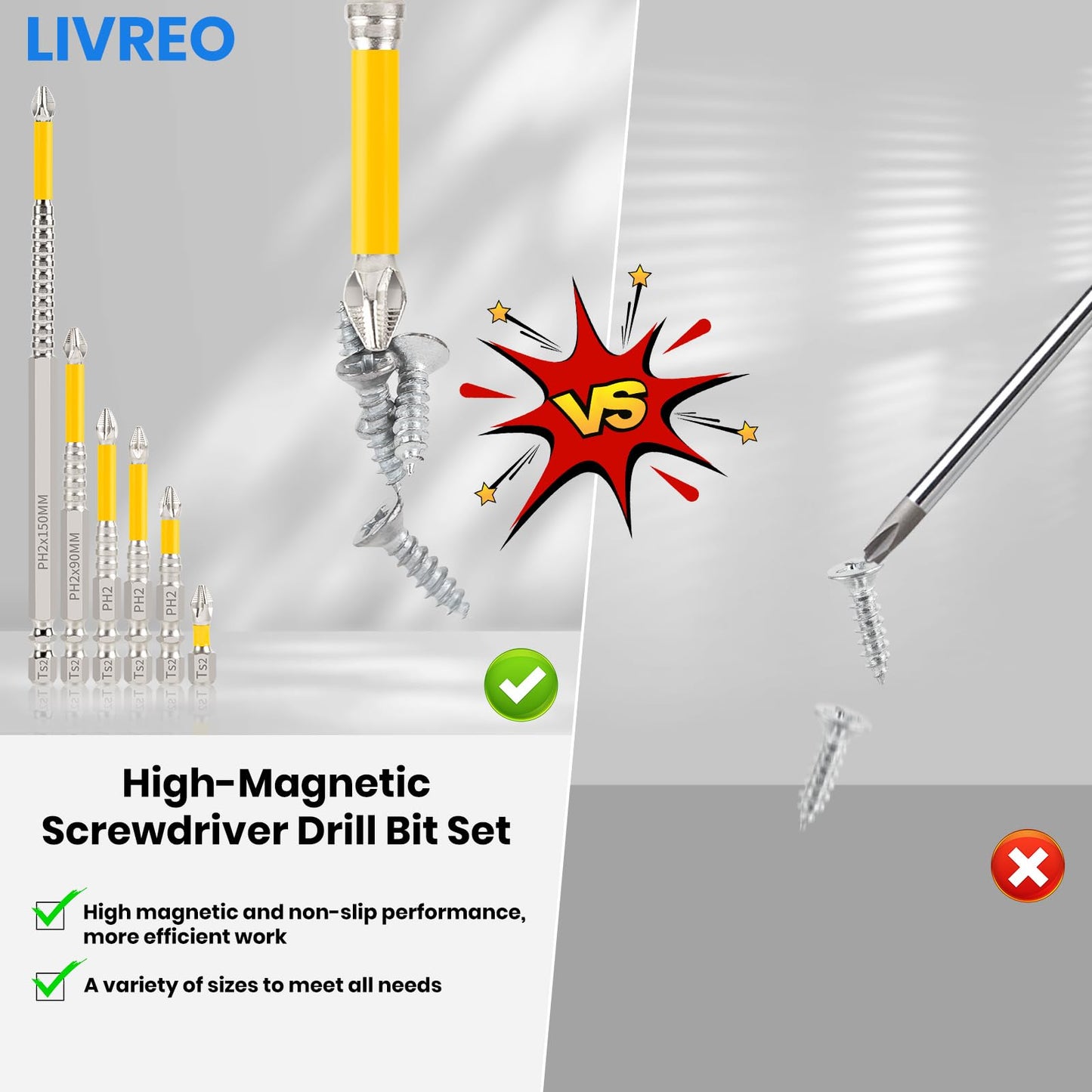 LIVREO High Magnetic Screwdriver Drill Bit Set, K5 Impact Resistant Non Slip Bit, Strong Magnetic Drill Bit Set, Anti-Slip Magnetic Electric Screwdriver Set, 25 50 65 70 90 150mm (6Pcs)