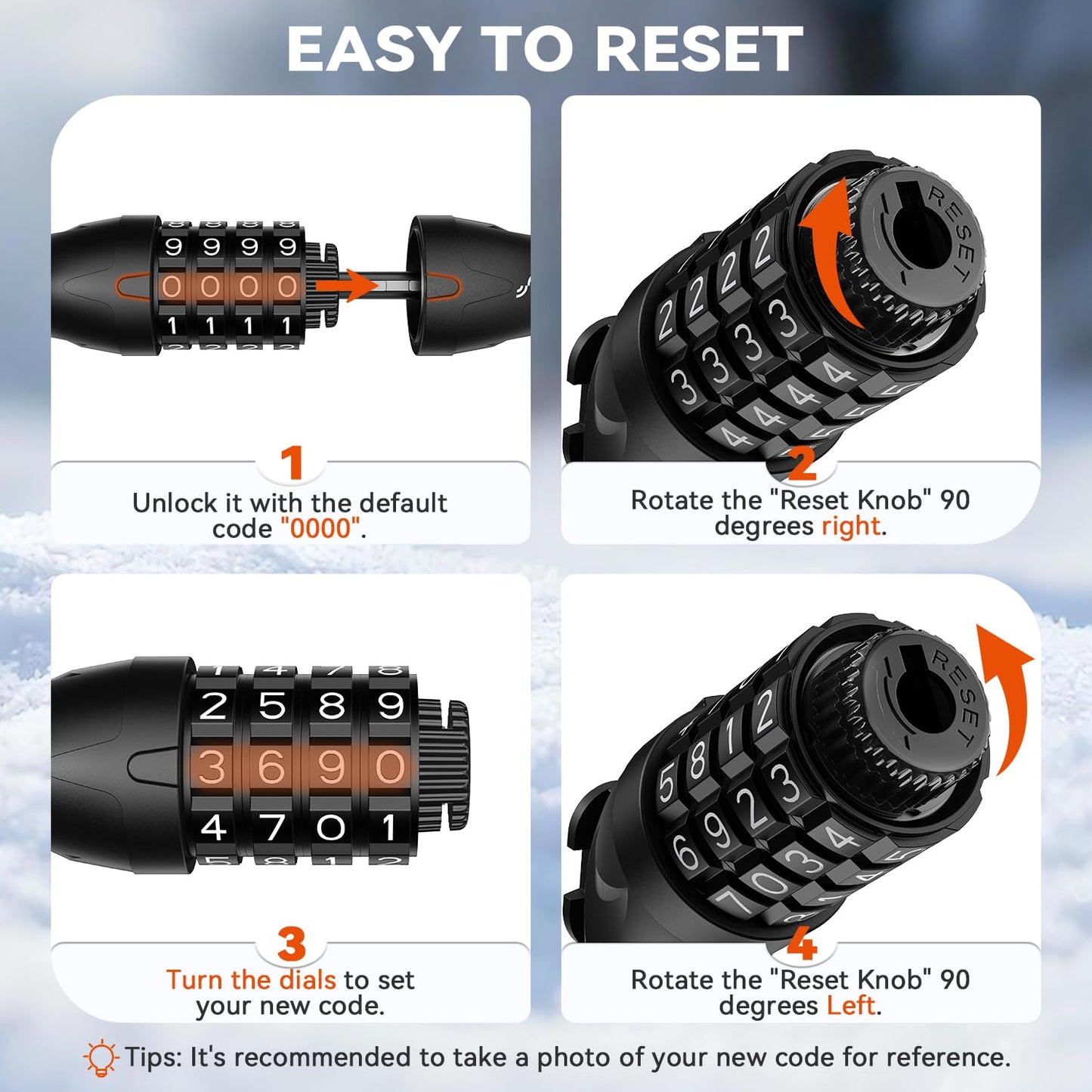 Sportneer Bike Cable Lock with 4-Digit Combination, TPU Anti-Freeze & Weatherproof 12mm Heavy Duty Steel Bike Lock, Bicycle Lock with Mounting Bracket for Bikes Scooters Strollers Outdoor Use - 4ft