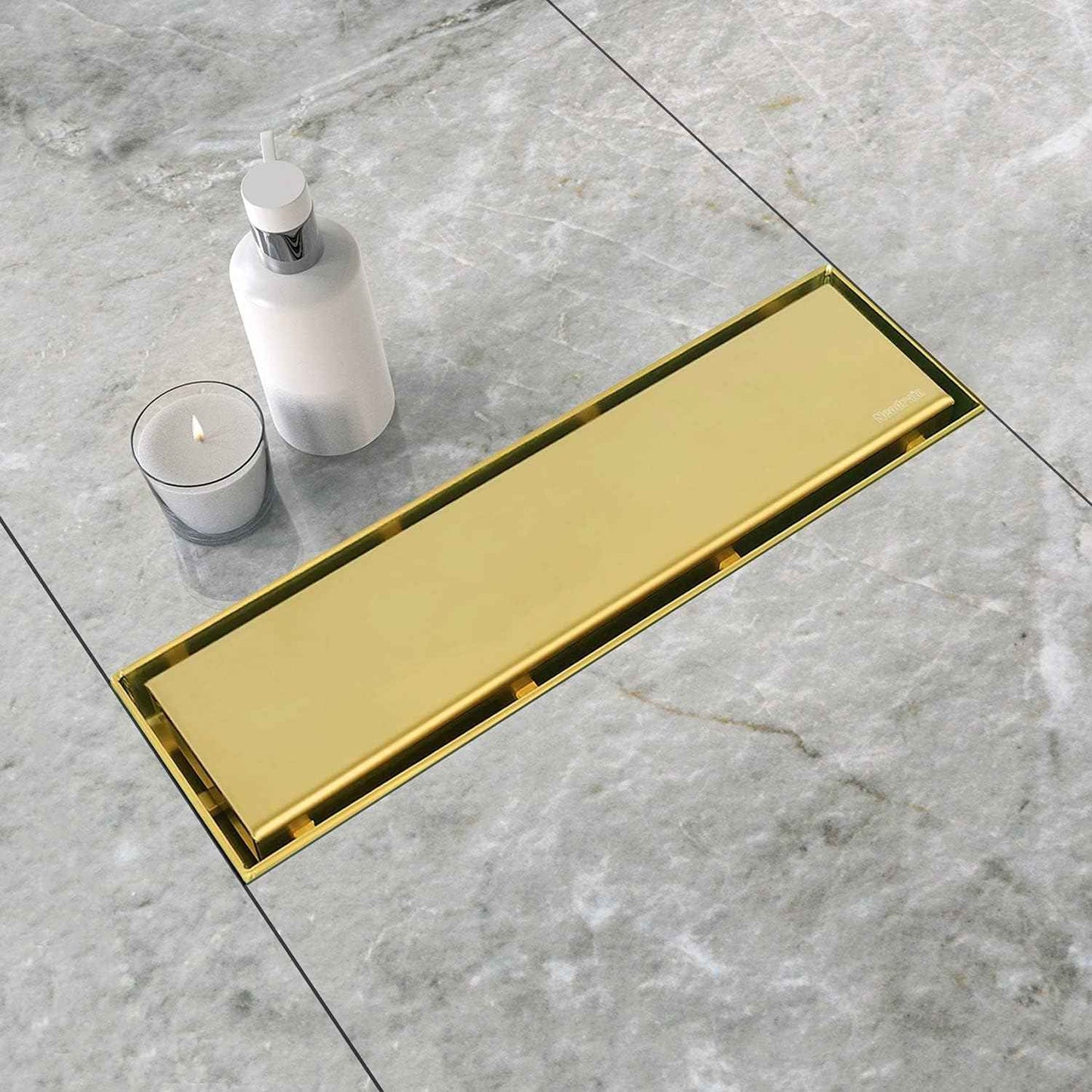Neodrain 18-Inch Gold Linear Shower Drain - Brushed Brass, Tile Insert Cover & Hair Strainer