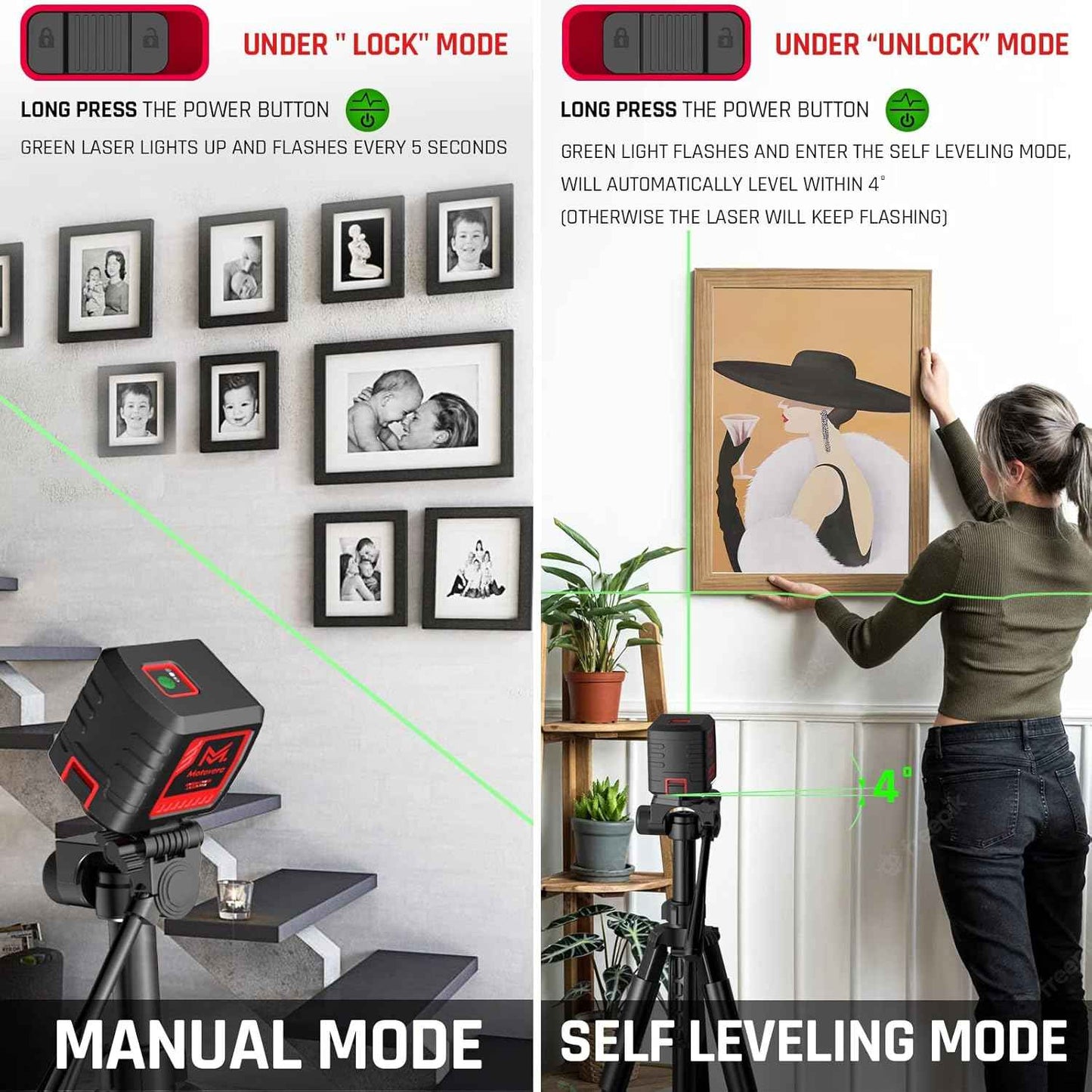 Green Laser Level with Tripod - 100ft Self-Leveling Cross Line, IP54 Waterproof, 4 Brightness Modes & Carrying Bag