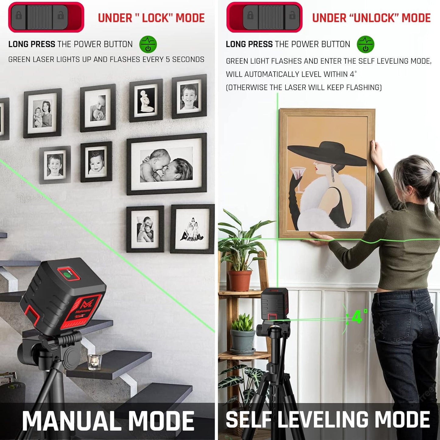 100ft Green Cross Line Laser Level with Tripod - Self-Leveling, 4 Brightness Modes, IP54 Waterproof & Carrying Bag
