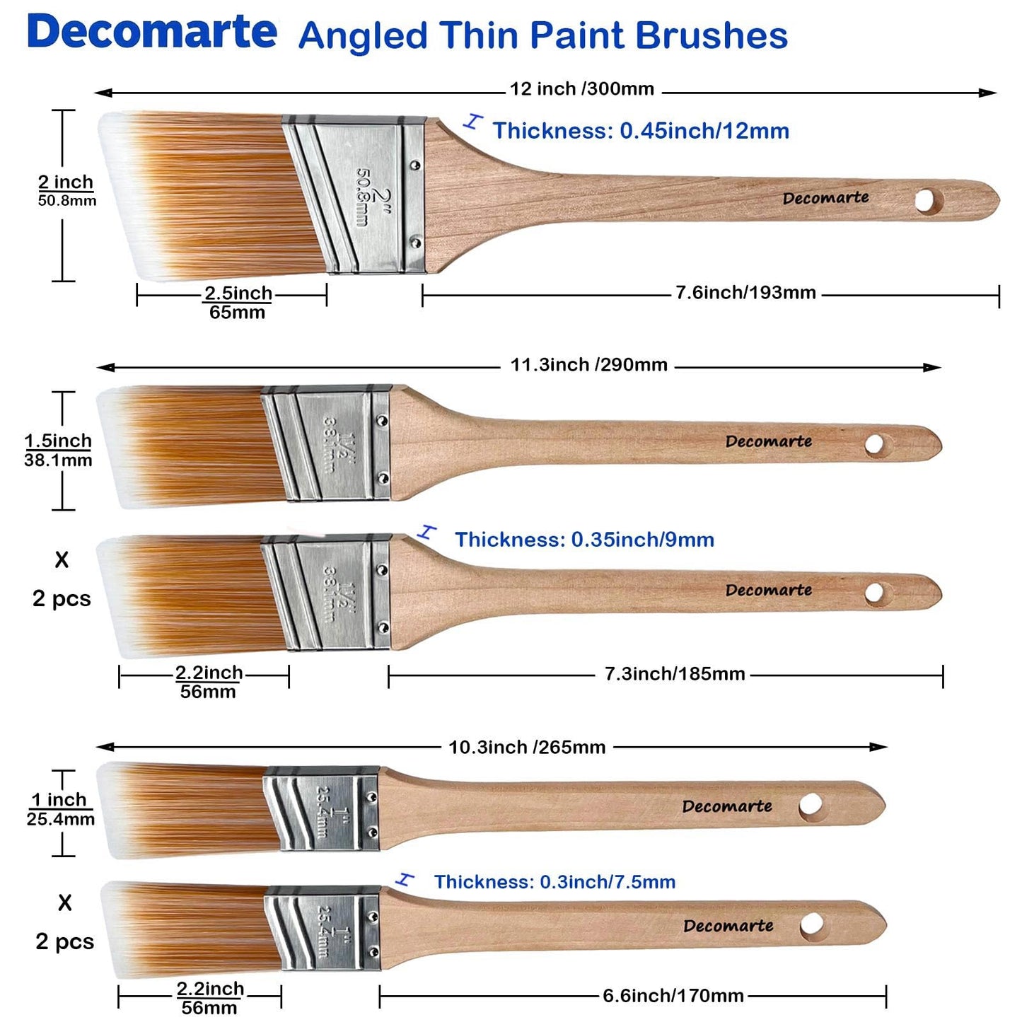 Decomarte Thin Soft Bristle Long-Handled Wood Angled Sash Stain Brush for Painting Doors, Furniture, Wall Trim, House Touch Ups, Enamel Home Decorating Lacquer Paint Brush Pack Assorted
