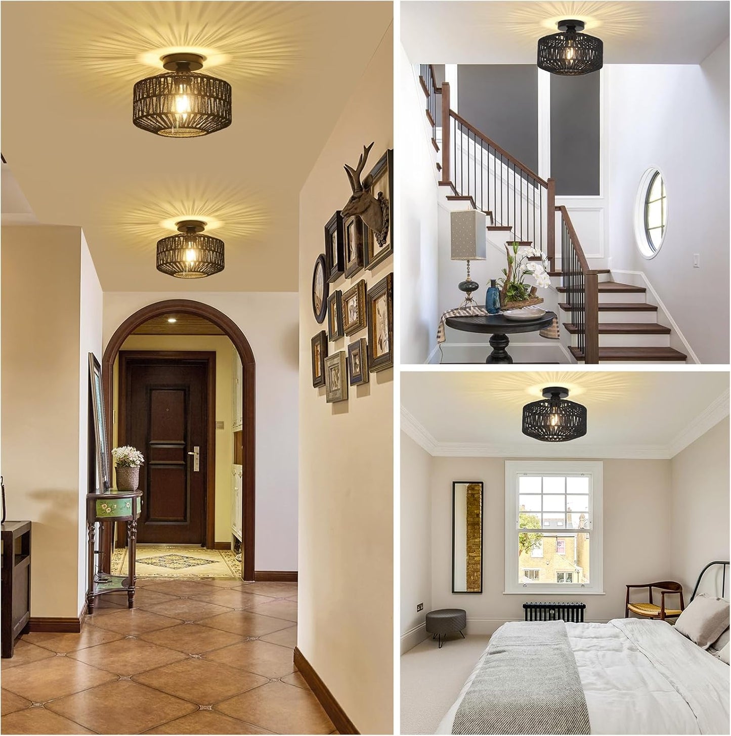 Boho Rattan Chandelier Ceiling Light Fixture with Dimmable LED Bulb - Hand Woven Flush Mount for Hallway, Bedroom, Kitchen & Living Room