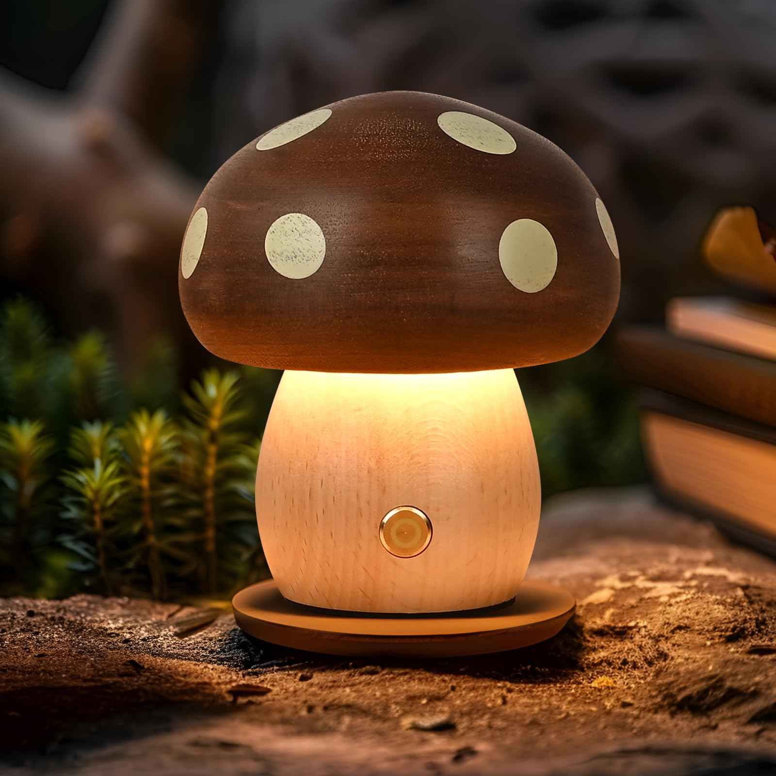 LONRISWAY LED Wooden Mushroom Lamp, Rechargeable Battery Operated Portable Cordless Touch Switch Small Lamp, Stepless Dimming Night Light for Birthday Gifts