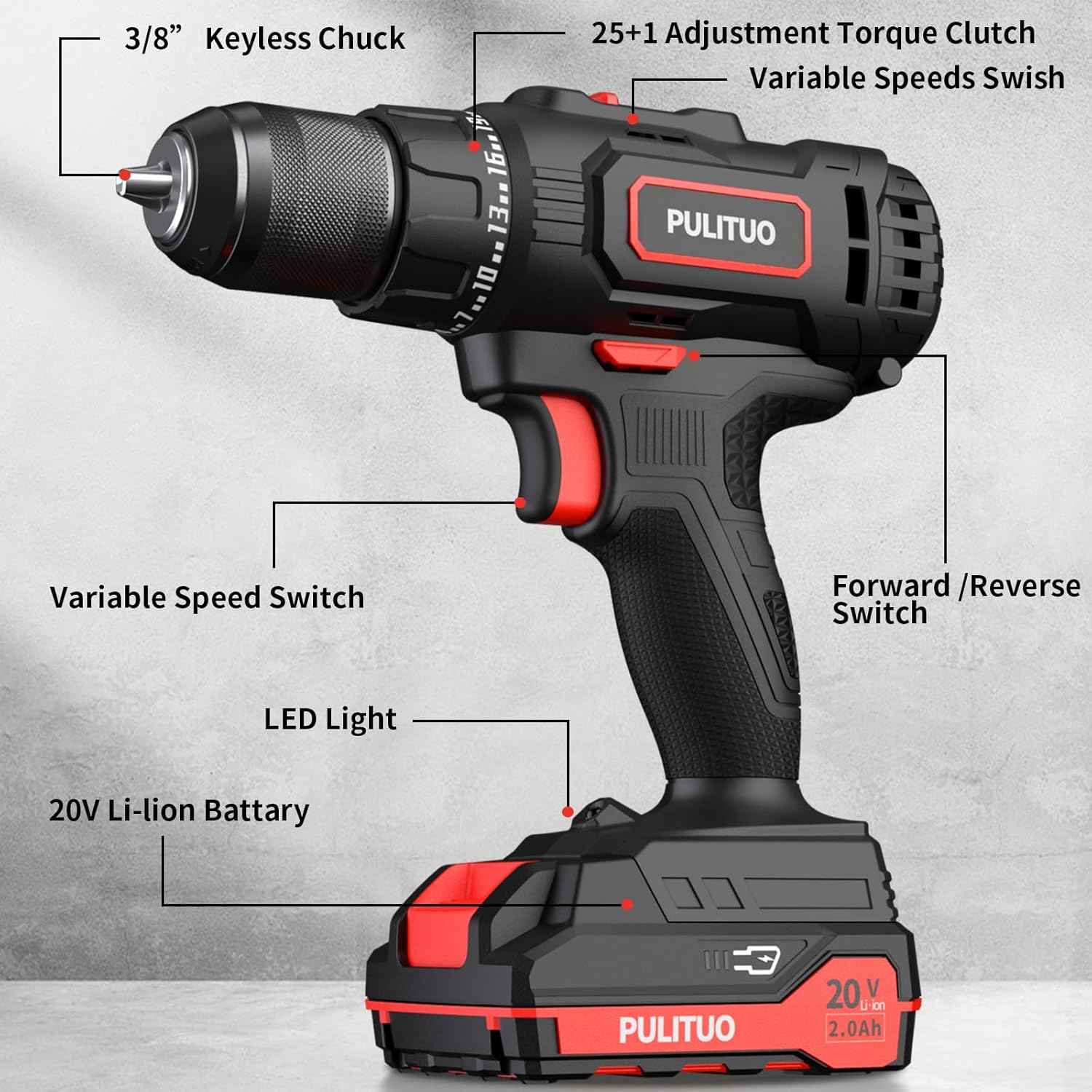 PULITUO'S 20V Cordless Drill/Driver, Electric Screwdriver - 2 Batteries, 30Nm, 21+1 Torque, 2 Speed, Keyless 3/8" Chase Drill with LED Light, Kit for Home (Green)