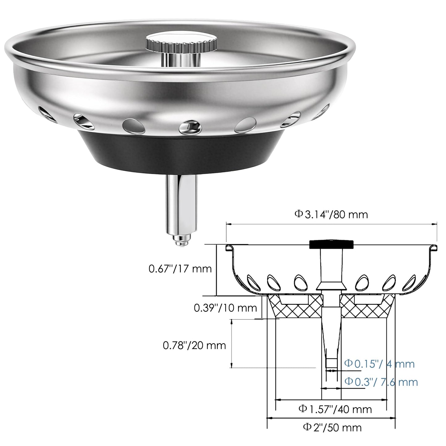 Kingrol 4 Pack Kitchen Sink Strainers with Rubber Stoppers, 3.14 Inch Stainless Steel Drain Basket Replacement, Fits 3.5 Inch Standard Drain