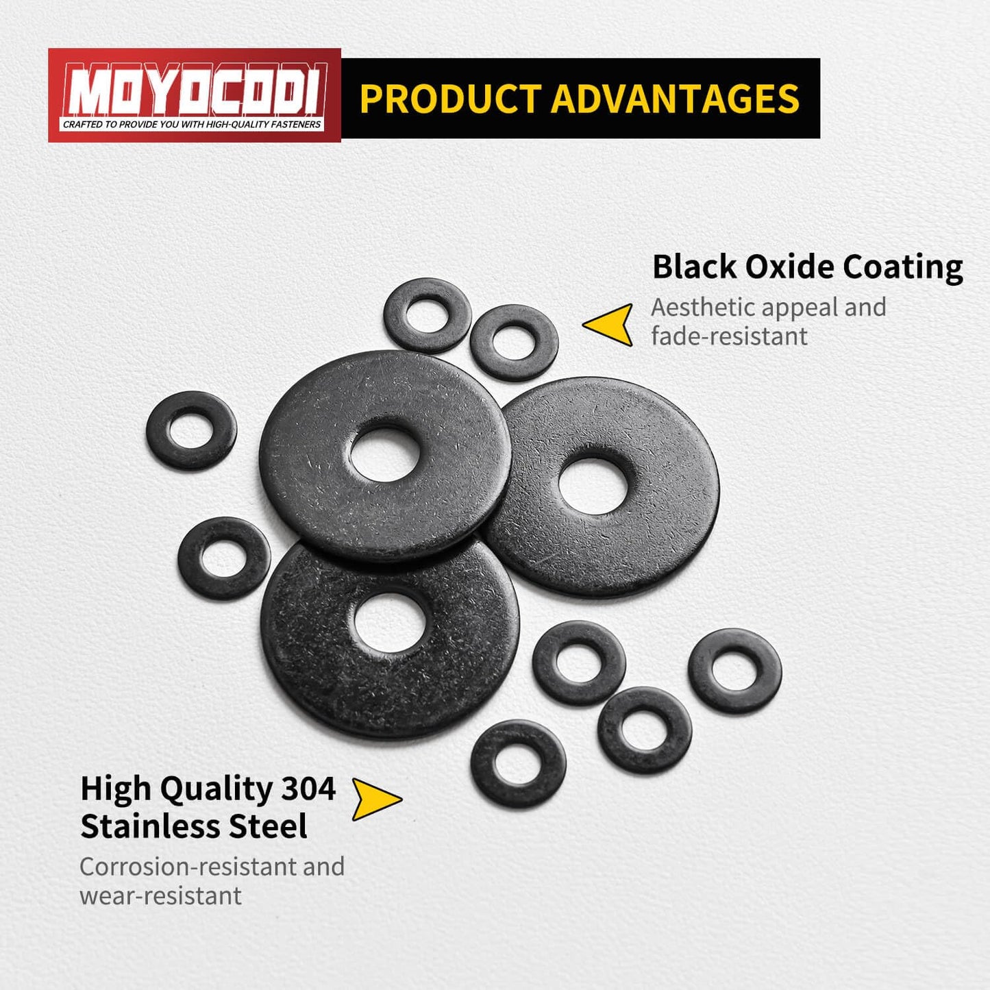 1/4 x 1-1/4'' (50 Pack) Black Oxide Stainless Steel Fender Washers, 1-1/4'' OD, (18-8) 304 Stainless Steel Metal Repair Washers for Screws and Bolts