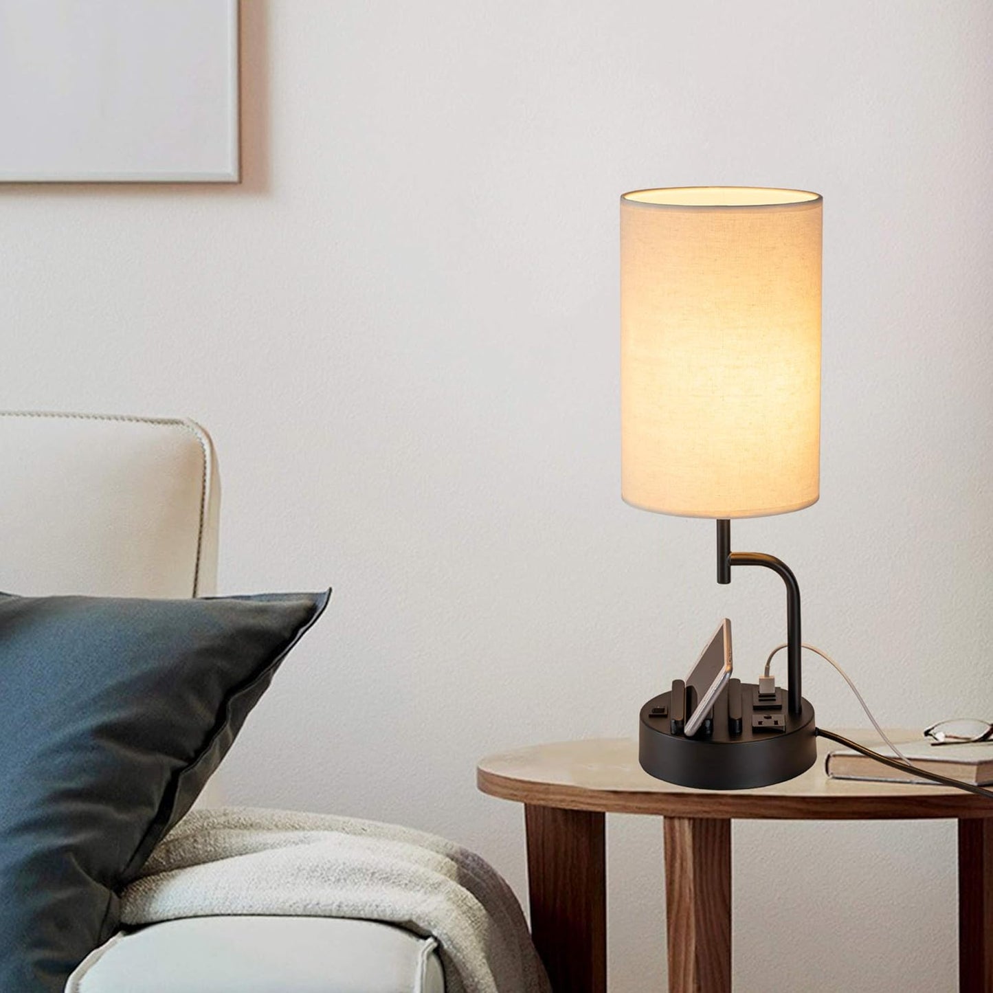 Modern Table Lamp with 3 USB Ports & AC Outlet - Set of 2 Bedside Desk Lamps in Silver