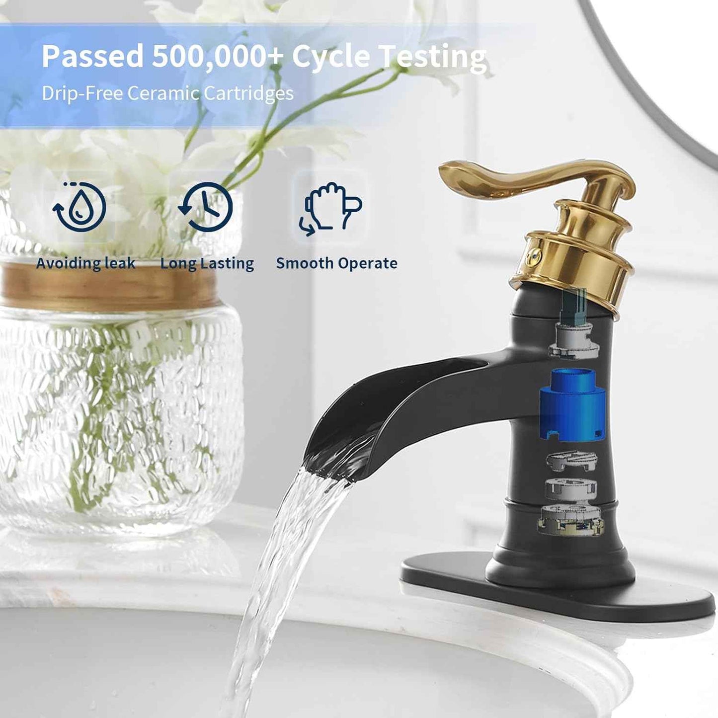 Matte Black Waterfall Bathroom Faucet - Single Handle Lavatory Sink Mixer with Brass Drain