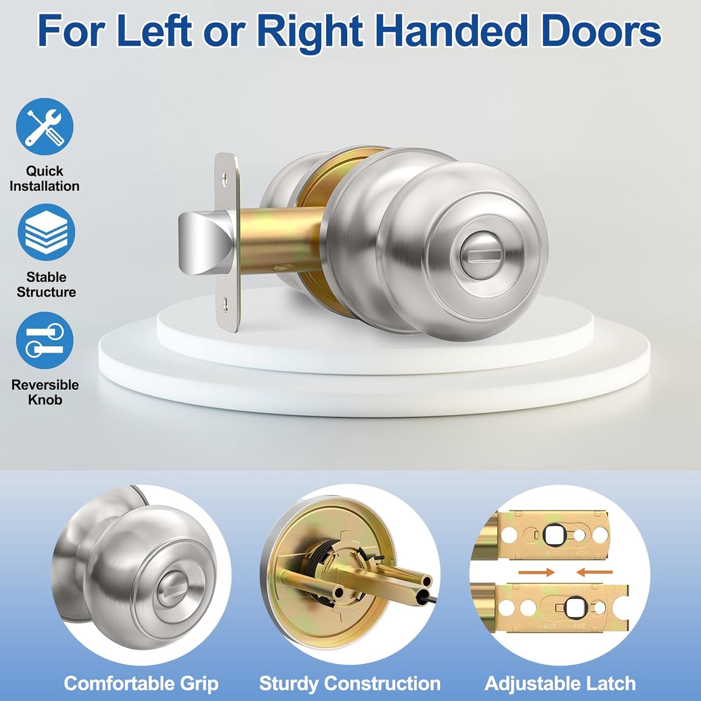 Brushed Nickel Privacy Door Knob Set - Keyless Interior Locks for Bedroom & Bathroom (6 Pack)