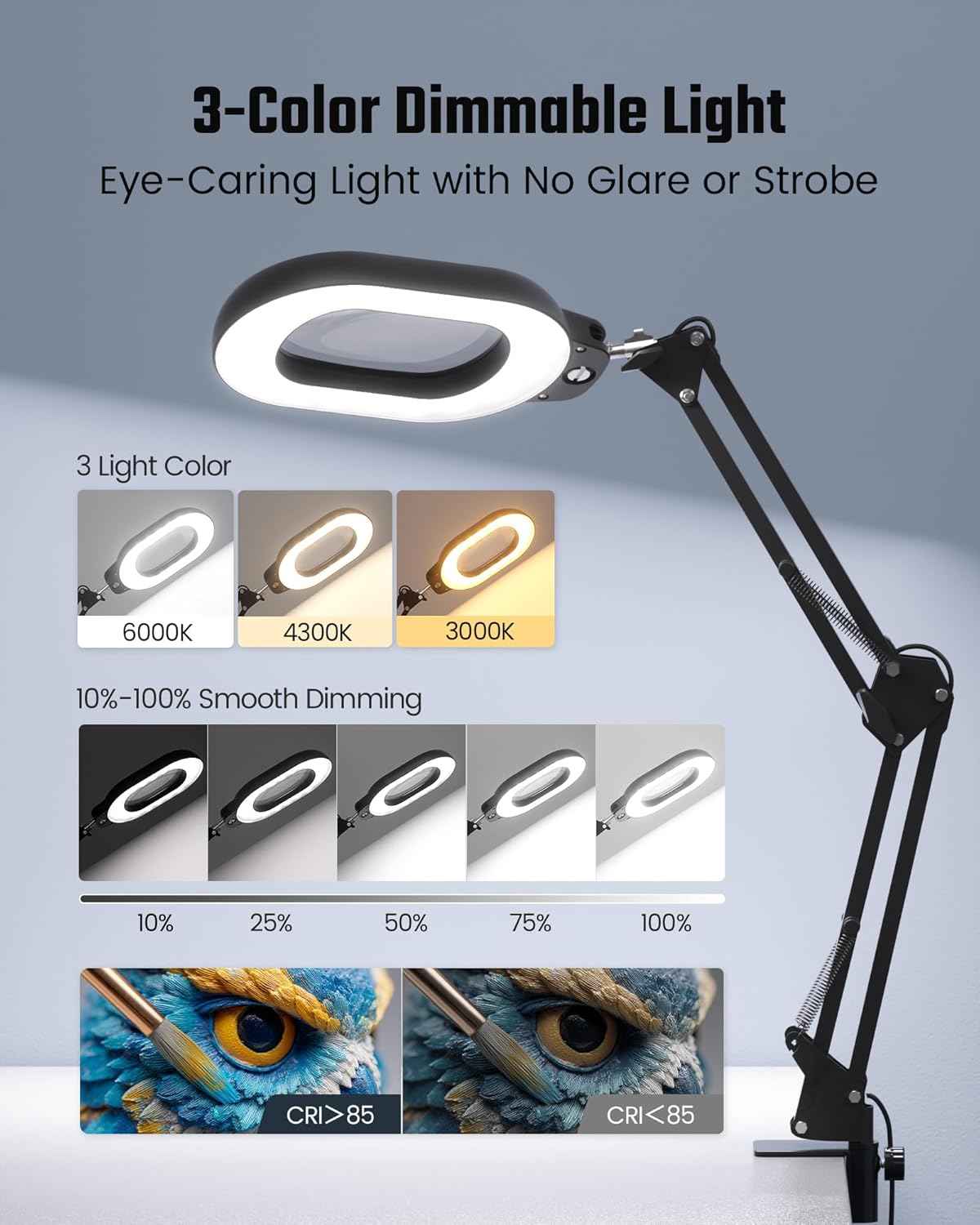 10X Magnifying Desk Lamp with Dimmable LED Light & Adjustable Swing Arm - Perfect for Reading, Crafting & Close Work
