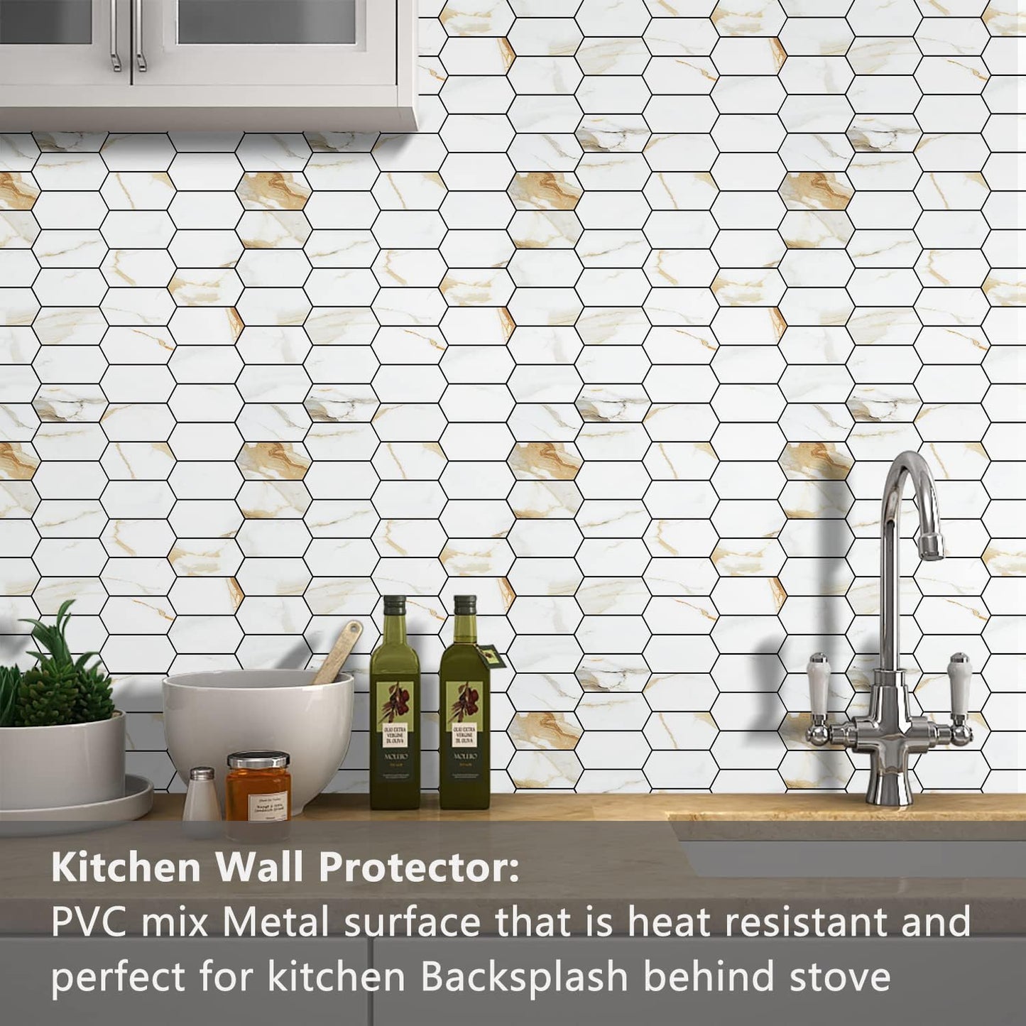 Glossy Wood Grain Peel and Stick Backsplash Tile - 10 Sheets Hexagon Mosaic for Kitchen & Bathroom, 12.4 x 12 Inch
