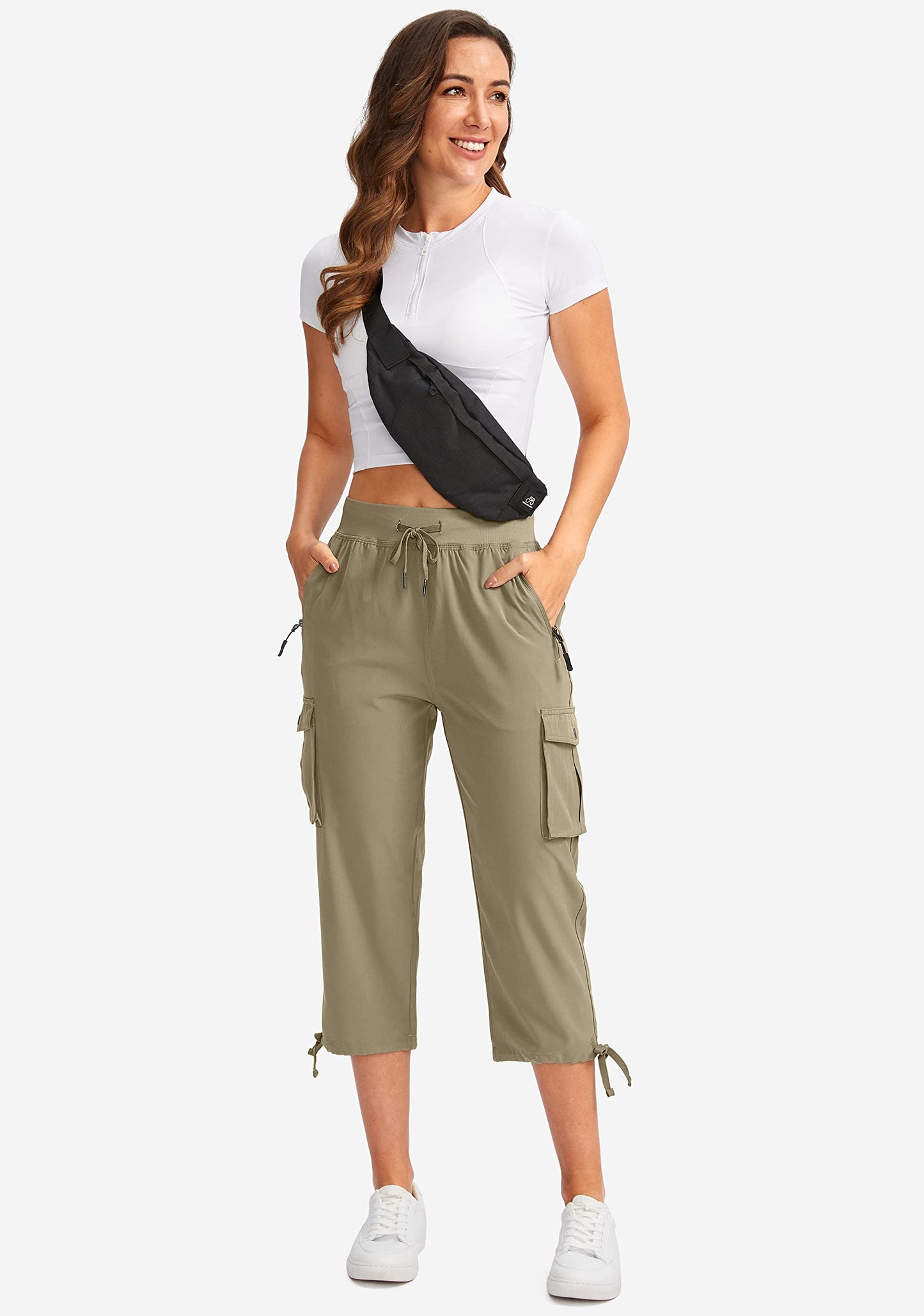Soothfeel Women's Cargo Capris Pants with 6 Pockets Lightweight Quick Dry Travel Hiking Summer Pants for Women Casual (Dusty Khaki, L)