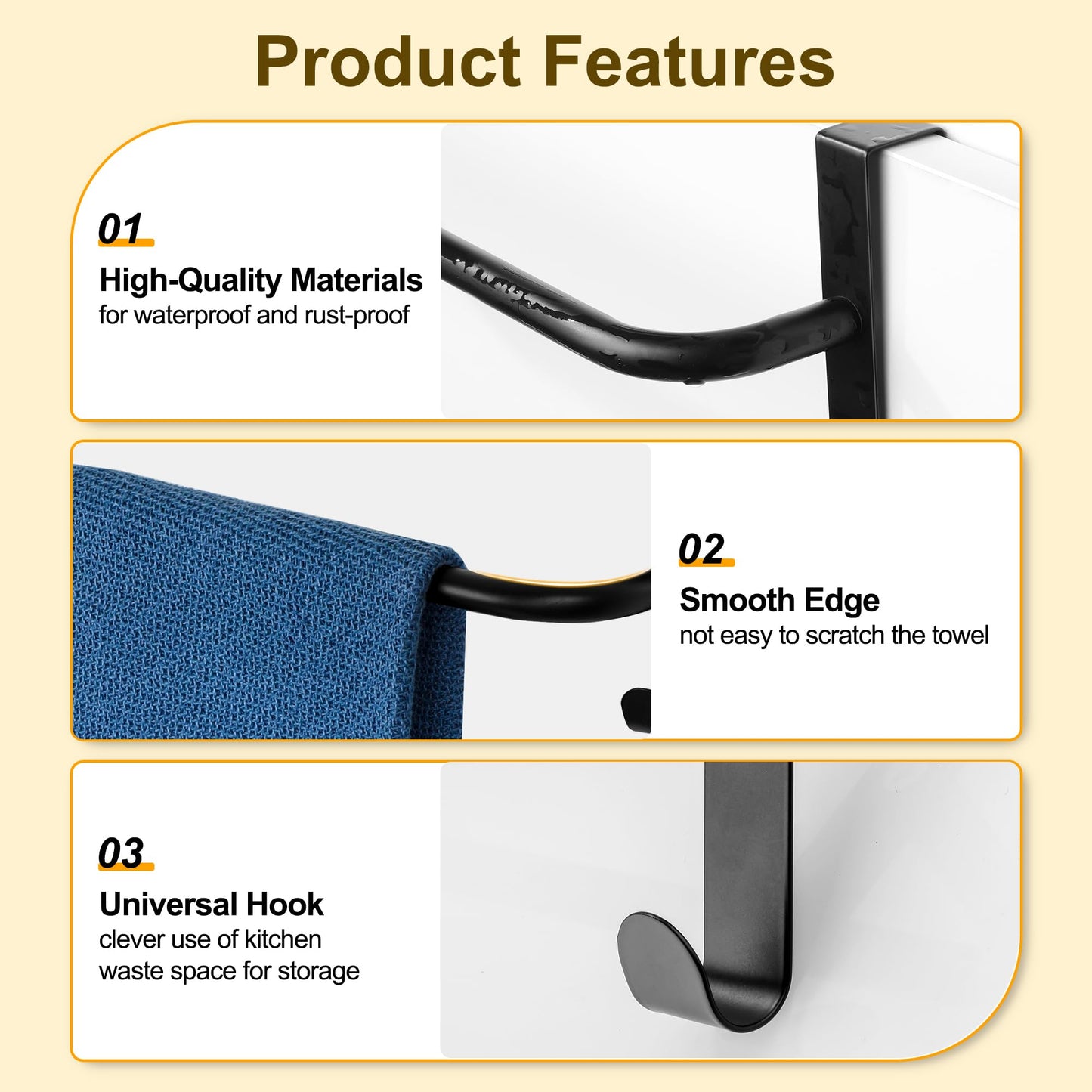 SAYAYO Over Cabinet Towel Bar Black, 10 Inch Kitchen Towel Holder with 2 Hooks, Over The Cupboard Door Dish Towel Rack, 2 Pcs