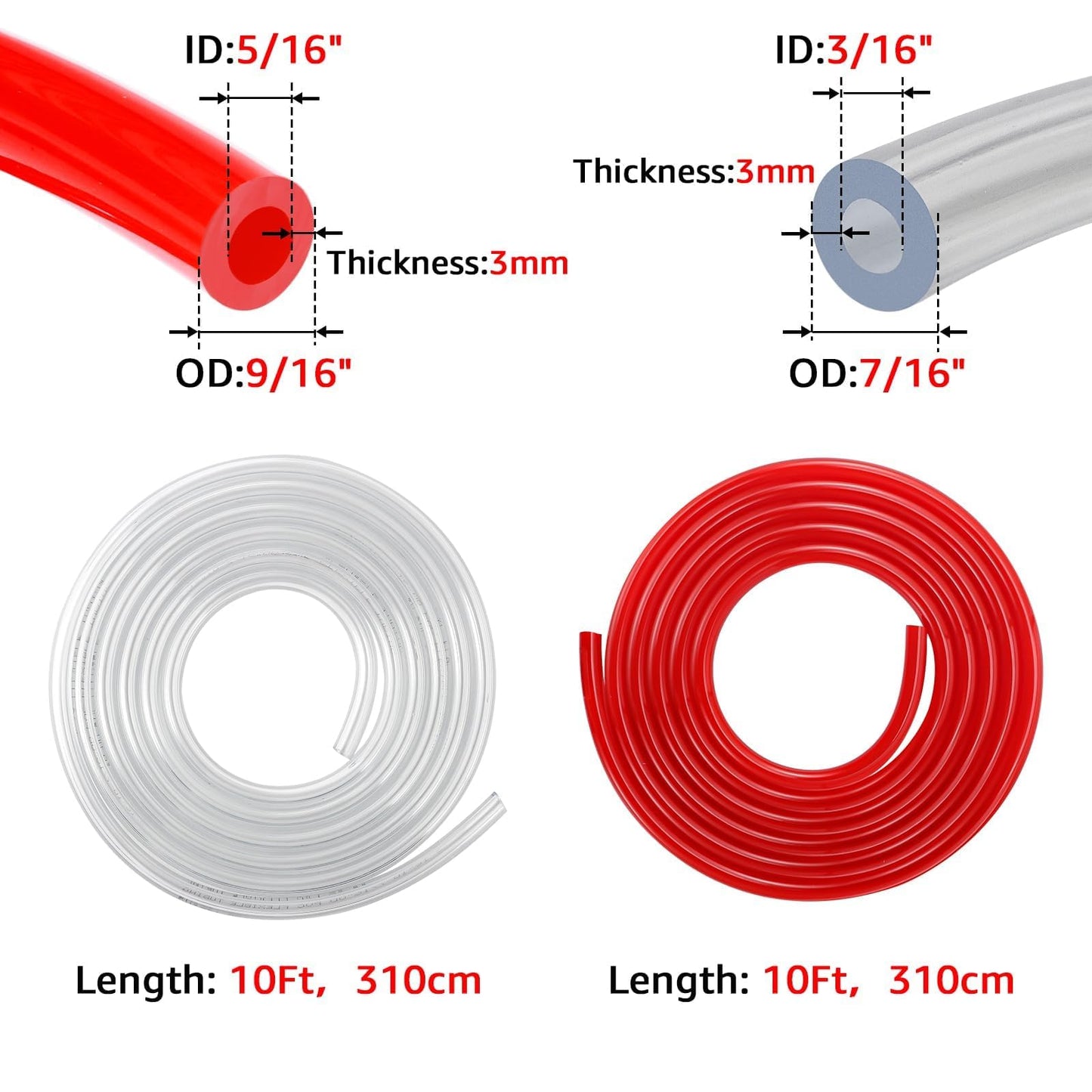 10FT Kegerator Beer Co2 Gas Dual Lines Kit, ID 3/16" Keg Beer Lines Tubing & ID 5/16'' Co2 Gas Hose Food-Grade PVC Tubing Keg Faucet Tube with 6Pcs Hose Clamps for Homebrew