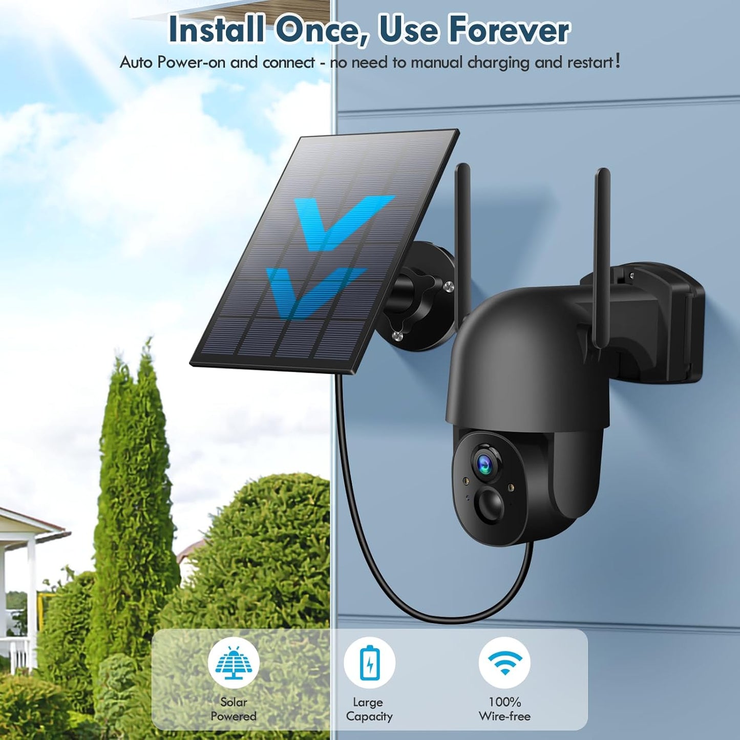 Wireless Solar Security Camera 3MP 2K FHD - 355° PTZ, Spotlight, Motion Detection, Color Night Vision