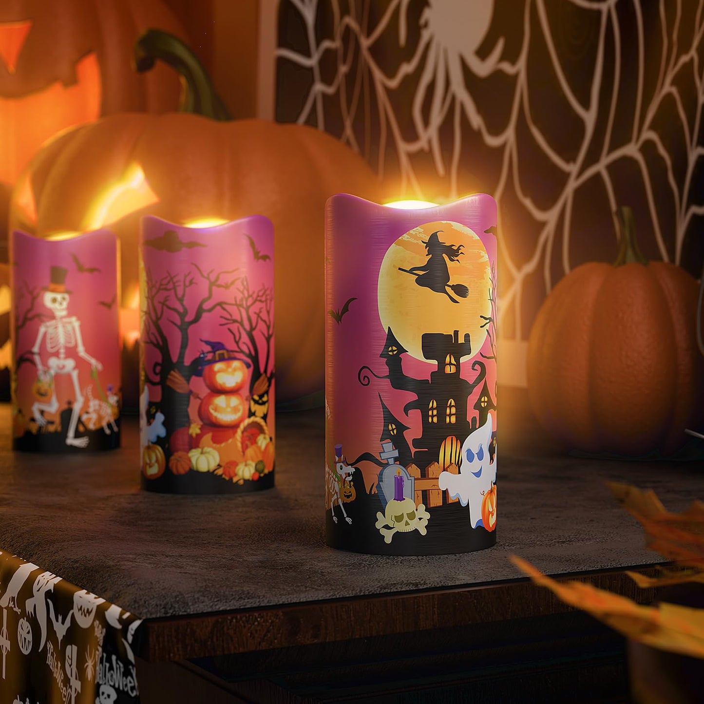 Halloween Flameless LED Candles, Orange Warm Light Halloween Candles, Battery Operated Candles, Candles with Remote Timers for Halloween Decoration, 3 x 6 Inch, Set of 3