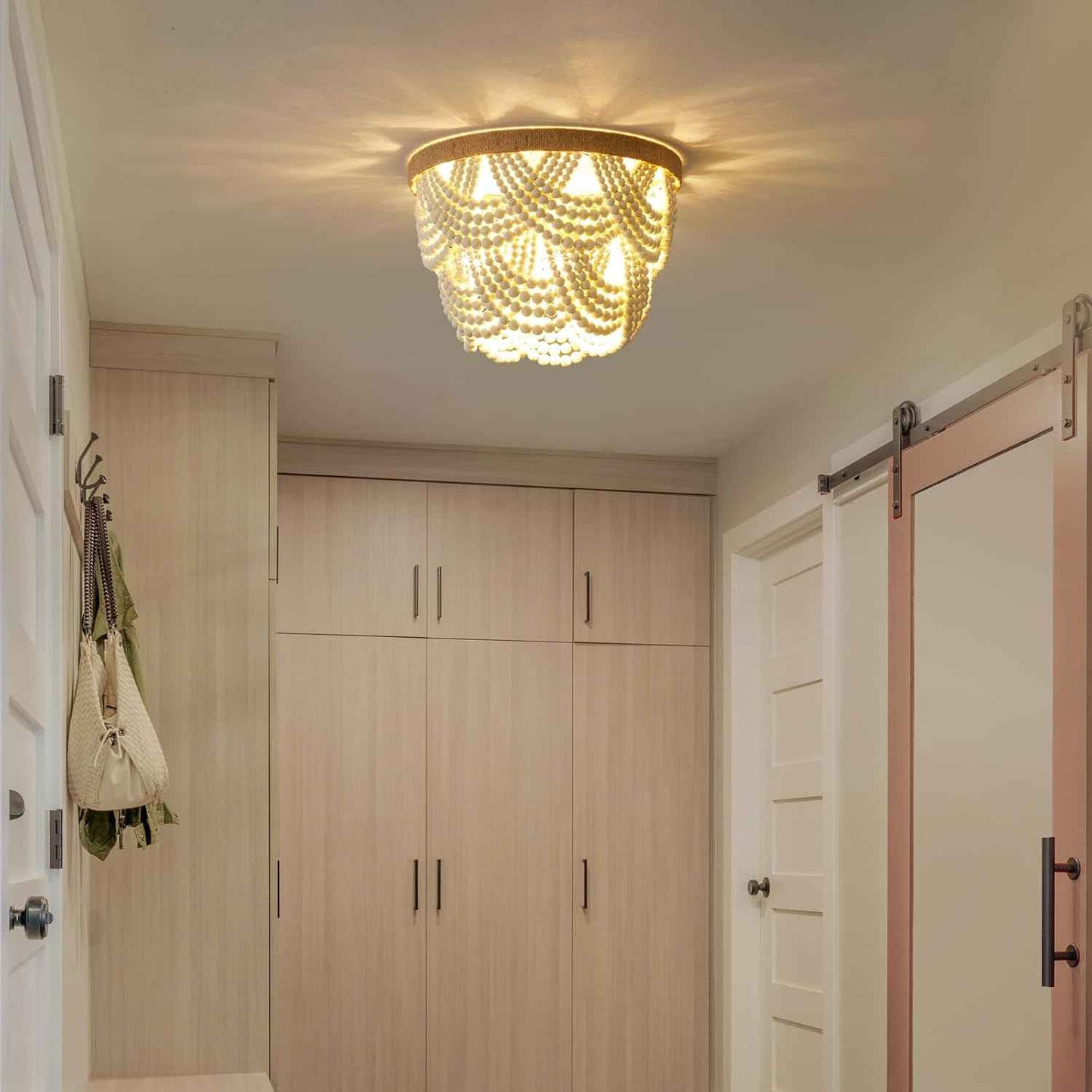 2-Tier White Boho Mini Chandelier - Wood Beaded Flush Mount Ceiling Light for Bedroom, Hallway, Nursery & More