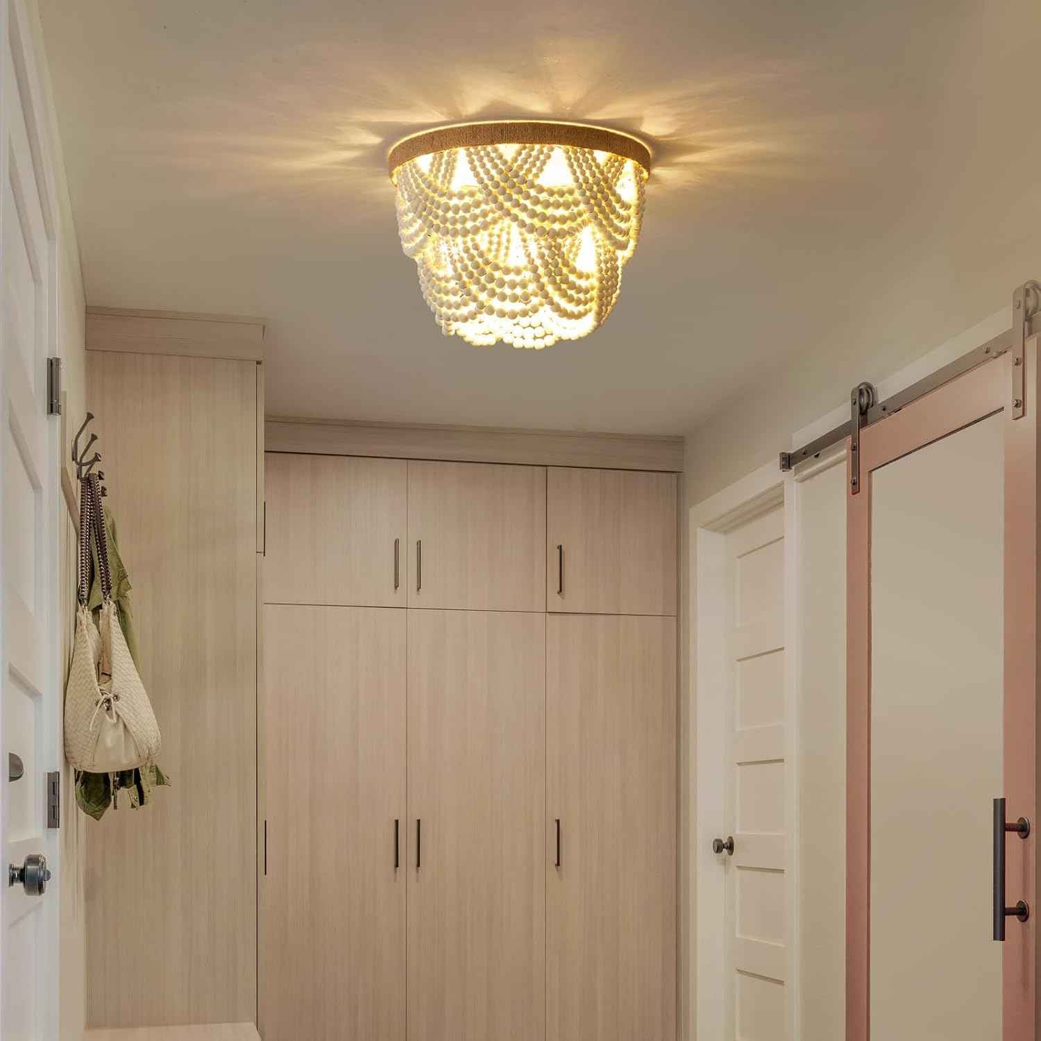 2-Tier White Boho Mini Chandelier - Wood Beaded Flush Mount Ceiling Light for Bedroom, Hallway, Nursery & More