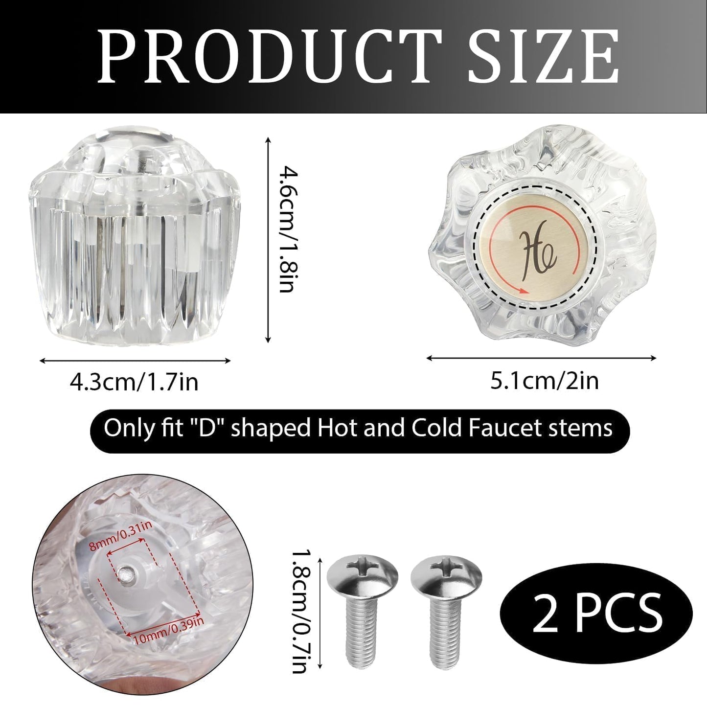 2 Pcs Bathtub Faucet Handles Shower Knobs Replacement Hot and Cold Bathroom Sink Faucet Knob Replacement with Screws Inner Hole Diameter of 8mm Compatible with Delta/LDR/Delex/Peerless Faucets, Gold