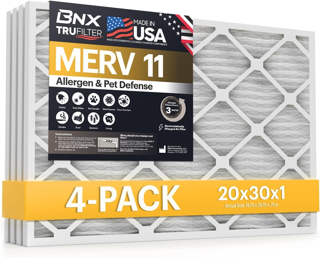 BNX TruFilter 12x12x1 MERV 8 Air Filters (6-Pack) - USA-Made Dust & Pet Defense for HVAC