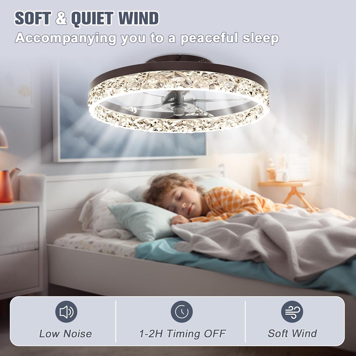 Modern Bladeless Ceiling Fan with Light & Remote - 15.7in Low Profile Fandelier, Dimmable 3000K-6500K for Bedroom