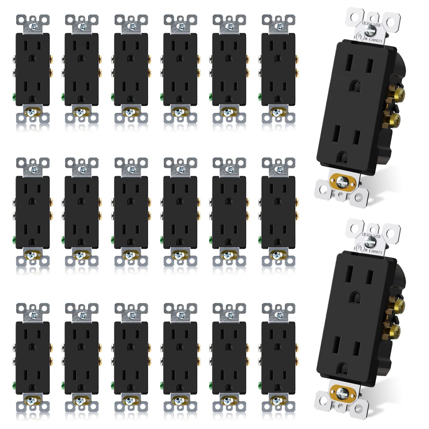 15A Matte Black Electrical Outlet Receptacle - 20 Pack, NEMA 5-15R, UL Listed