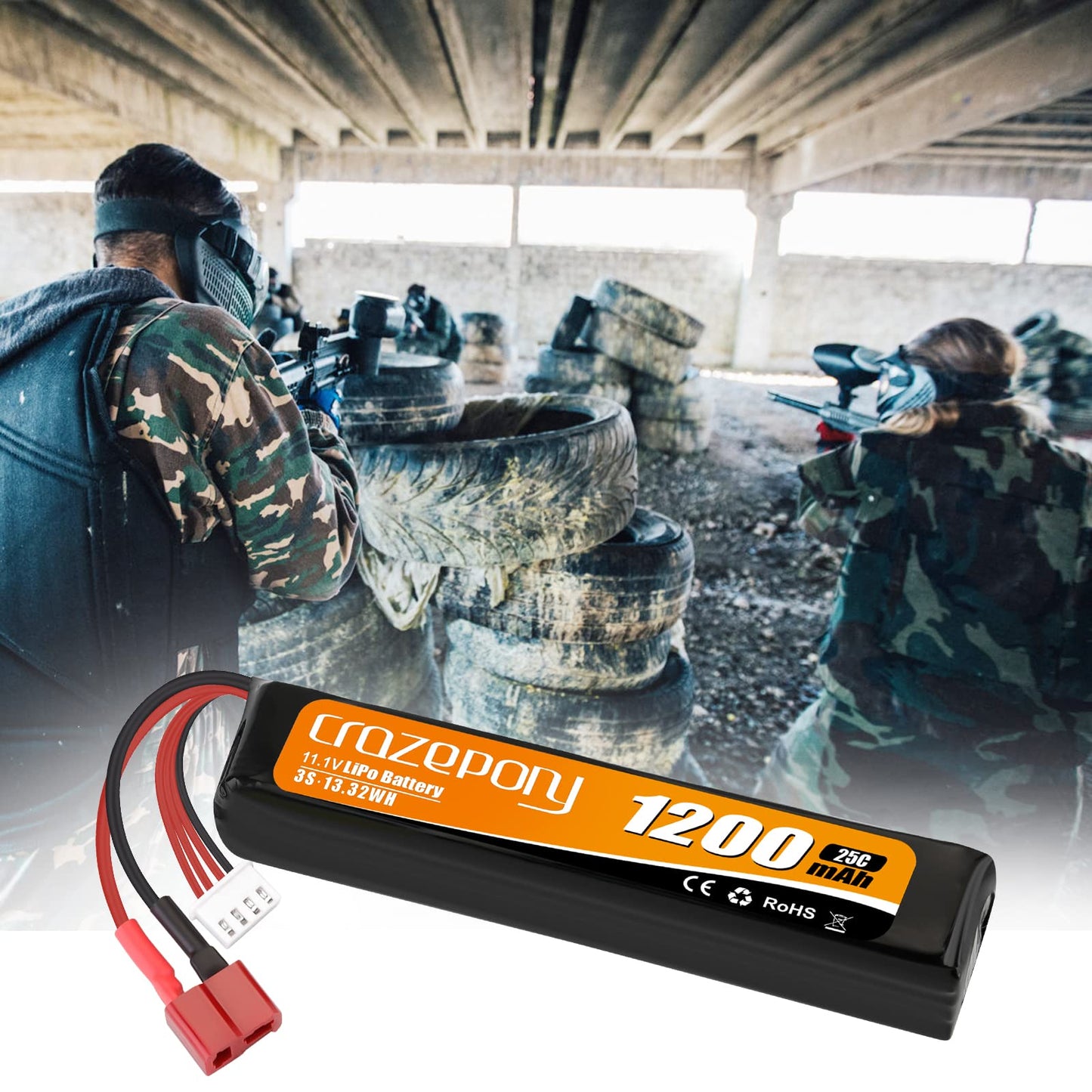 Crazepony Airsoft Battery 11.1V 1200mAh Rechargeable 3S LiPo 25C Hobby Battery with T-Plug & JST XH Connector for Airsoft Model Rifle