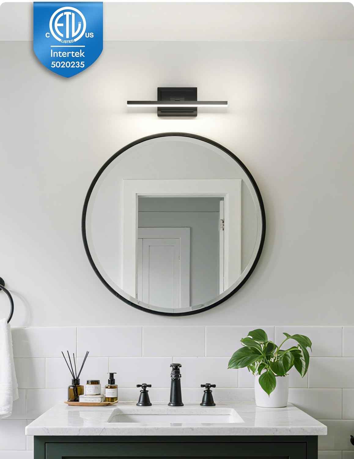 NIORSUN 24-Inch Dimmable LED Bathroom Vanity Light Fixture - Modern Black Over Mirror Lighting, 5CCT, ETL Certified