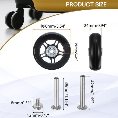 HiPicco Luggage Suitcase Replacement Wheels, 90x24mm Rubber Swivel Caster Bearings Repair Kit - Include 2 PU Bearing Wheels & Washers, Wrenches & Axle Screw for Trolley Bag, Caster Board
