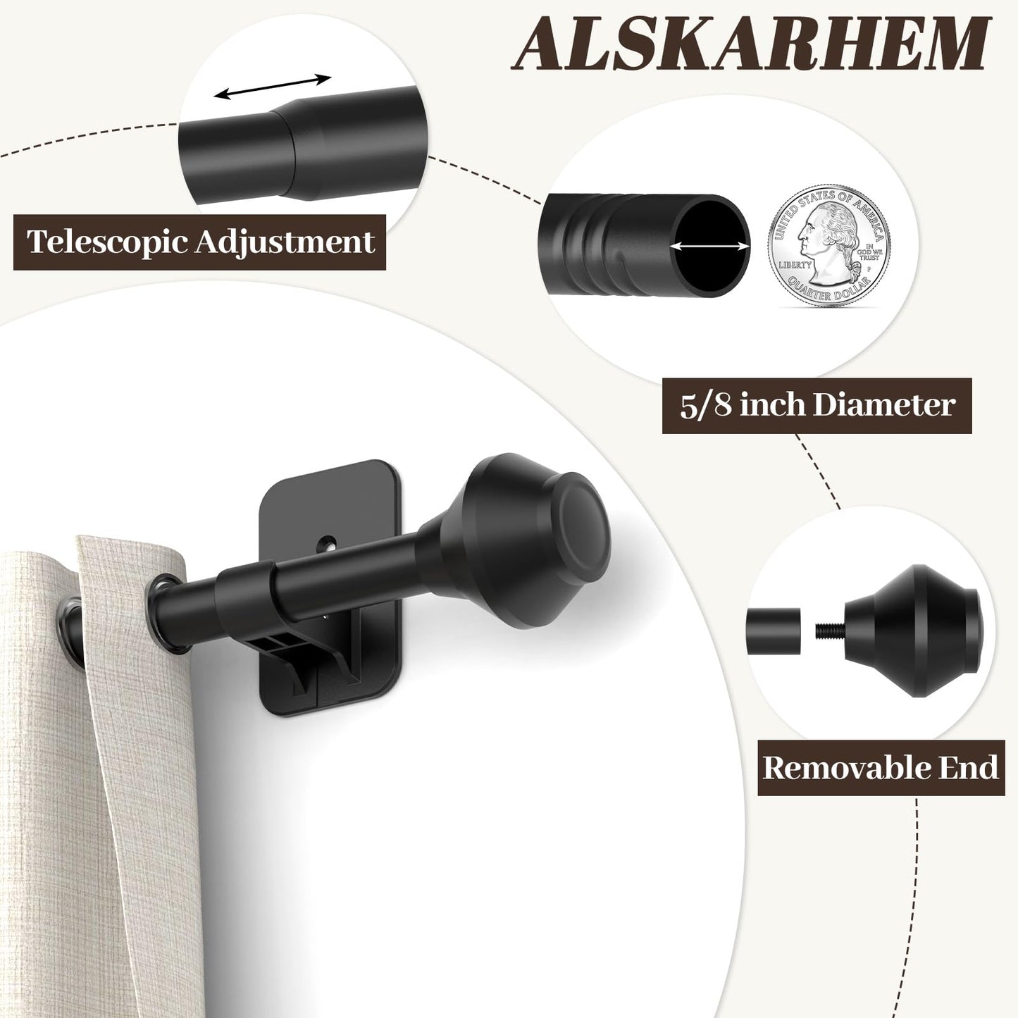 Curtain Rods No Drilling for Windows 36 to 48 Inch, 5/8 Inch Telescoping Adjustable Black Curtain Rod with Adhesive Holders, Renter Friendly for Bedroom Kitchen Apartment(36"-48")