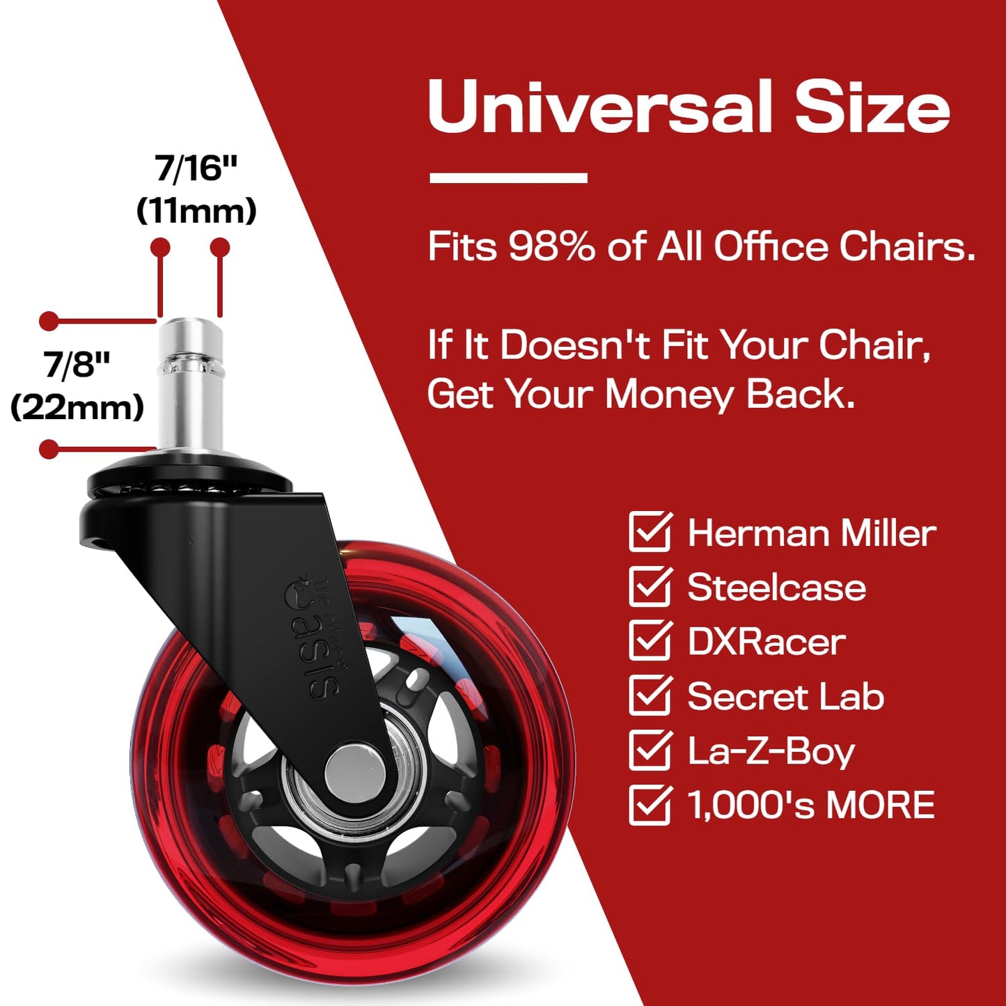 Original Rollerblade Office Chair Wheels - Smooth, Quiet Casters for Hardwood & Carpet - Easy Universal Fit - Set of 5