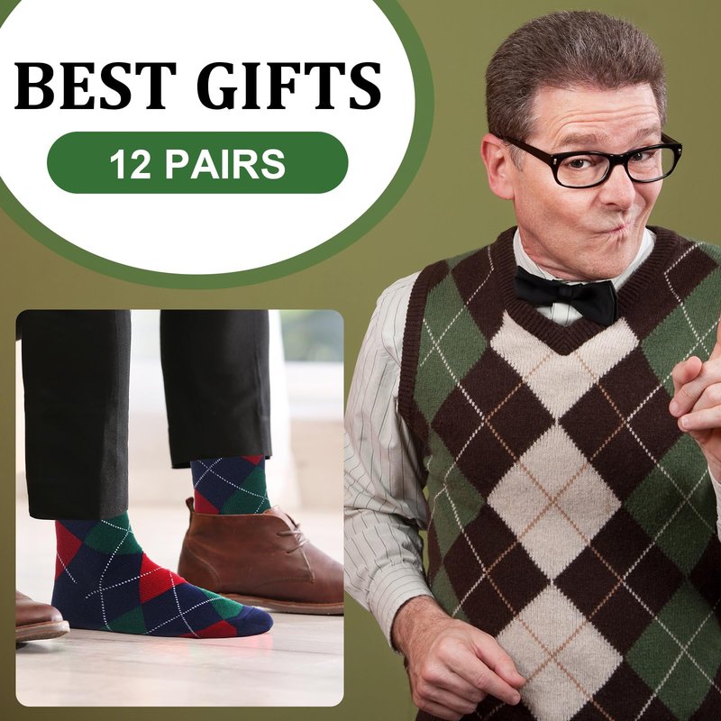 Shyyween 12 Pairs Men Dress Compression Socks Men's Knee Long Light Socks 8-15 mmHg Graduated Support(L-xl,Colorful Argyle)