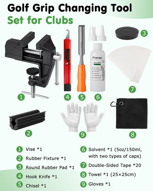 Fitense Golf Grip Kit for Regripping Golf Clubs-Include 20 Tapes Strips, Portable Table Vise Rubber Clamp, Golf Grip Removal Tool with Solvent,Golf Club Replacement Kit