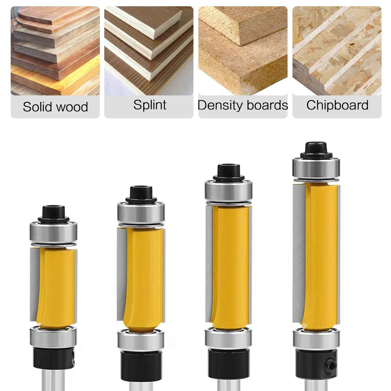 4Pcs Top and Bottom Bearing Flush Trim Router Bits Set 1/4 Inch Shank, Carbide Pattern Flush Trim Cut Router bit, 1/2 Inch Cutting Diameter, 3/4", 1", 1-1/4", 1-1/2" Inch Cutting Length (Size A)