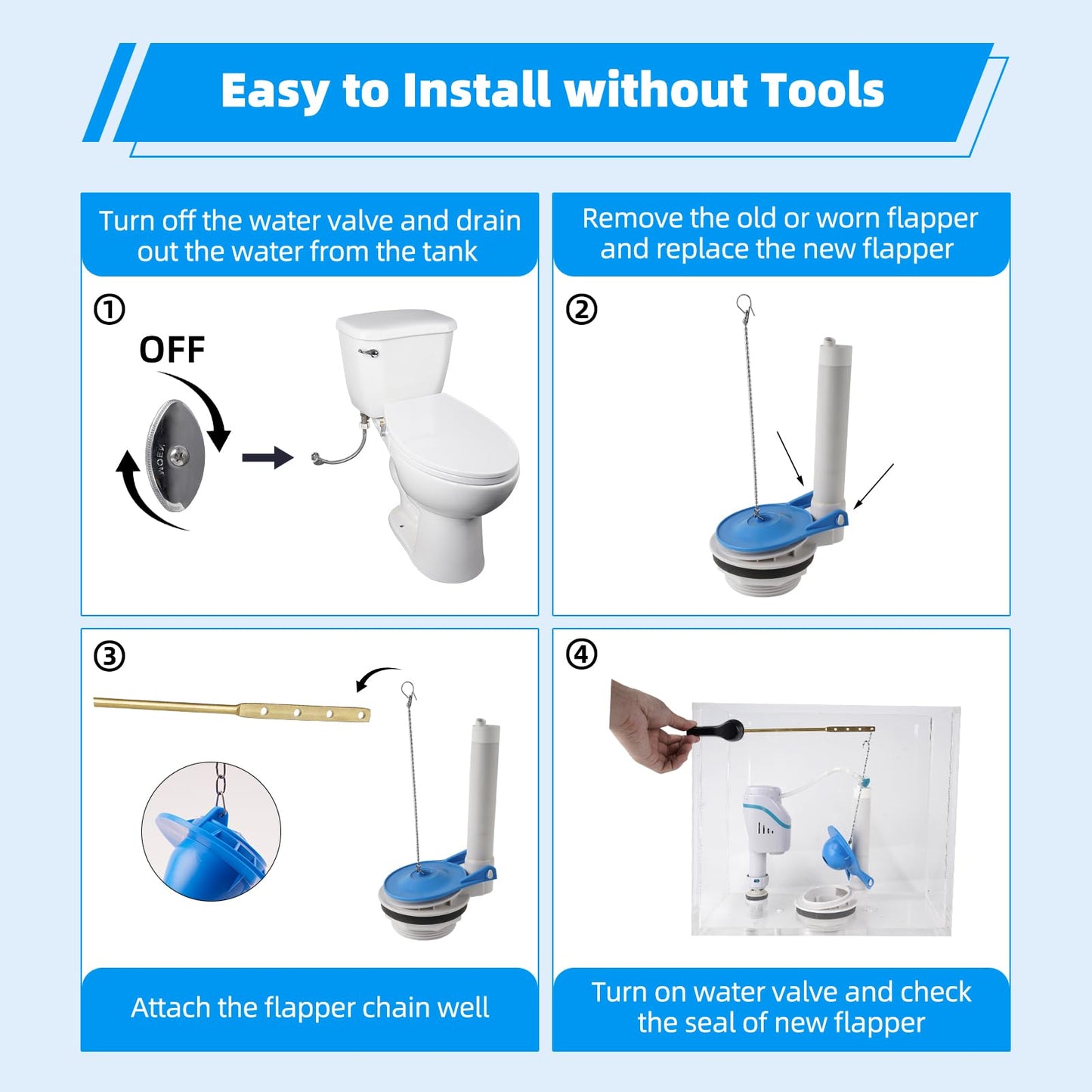 Universal 2-Inch Toilet Flappers Replacement Compatible with Gerber Toto Kohler American Standard, Heavy Duty Rubber Toilet Flapper with Stainless Steel Chain, Water Conserve, Easy Install