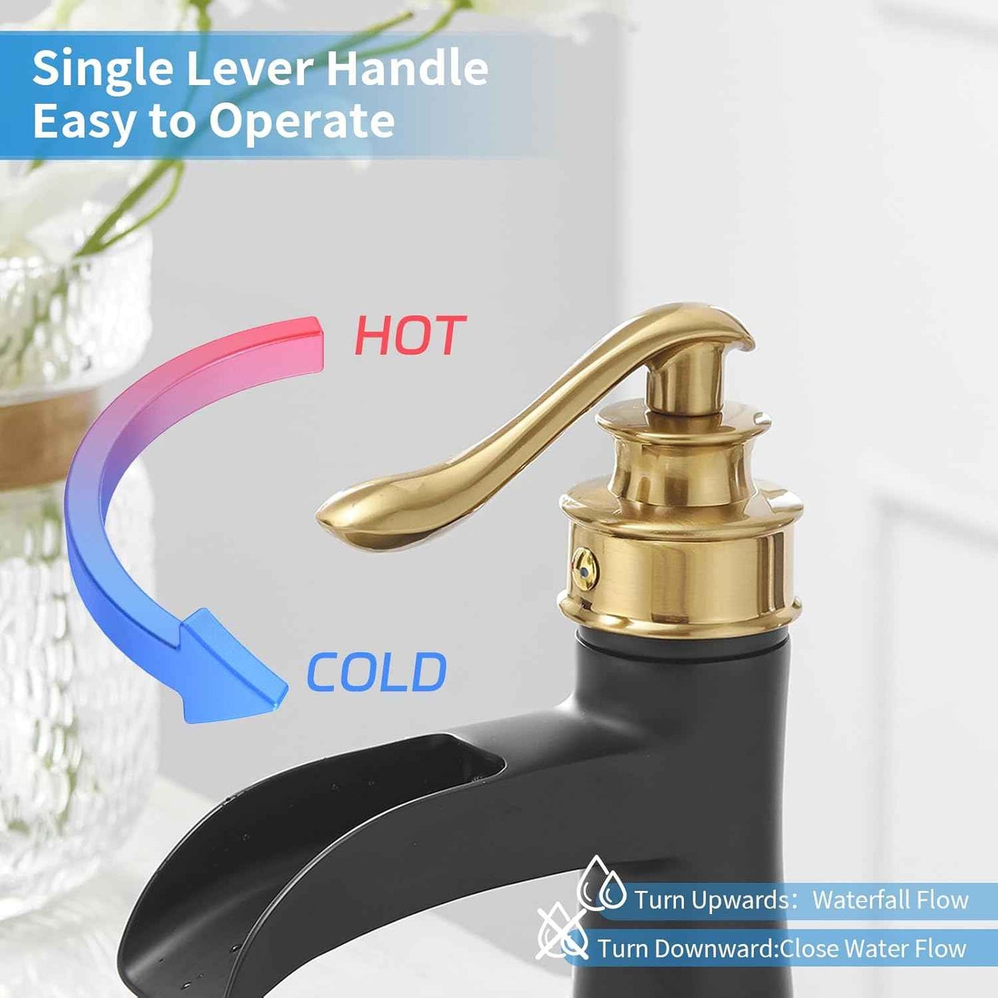 Matte Black Waterfall Bathroom Faucet - Single Handle Lavatory Sink Mixer with Brass Drain