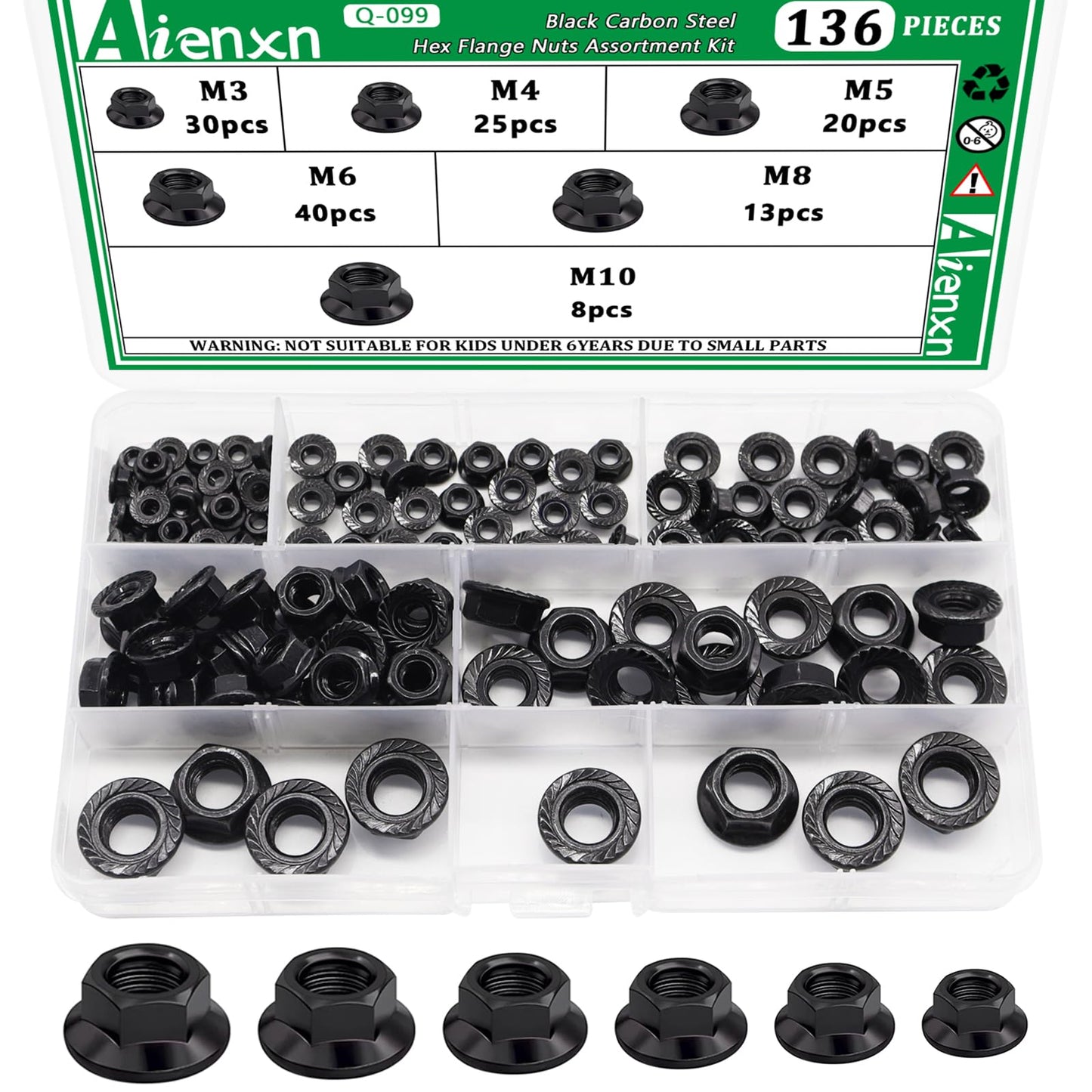 Aienxn 136PCS 6 Metric Sizes Black Carbon Steel Hex Flange Nuts Assortment Kit -M3, M4, M5, M6, M8, M10