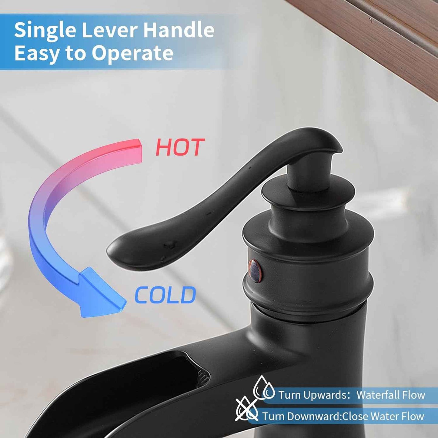 Matte Black Waterfall Bathroom Faucet - Single Handle Lavatory Sink Mixer with Brass Drain