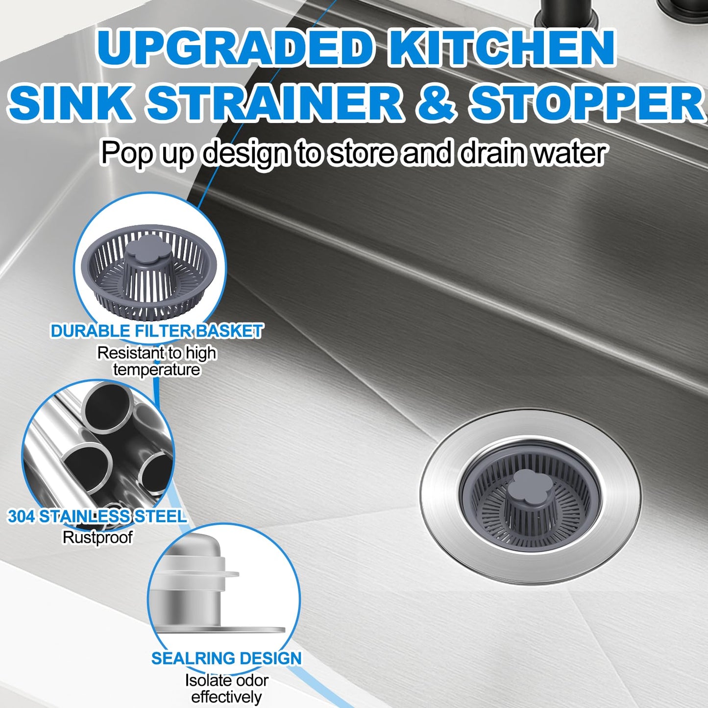 Universal 3 in 1 Kitchen Sink Drain Strainer Kit, SUS304 Stainless Steel Pop-up Kitchen Drain Stopper with Strainer Basket, Fast Drainage Kitchen Sink Plug for Standard 3-1/2 Inch Drain, Silver