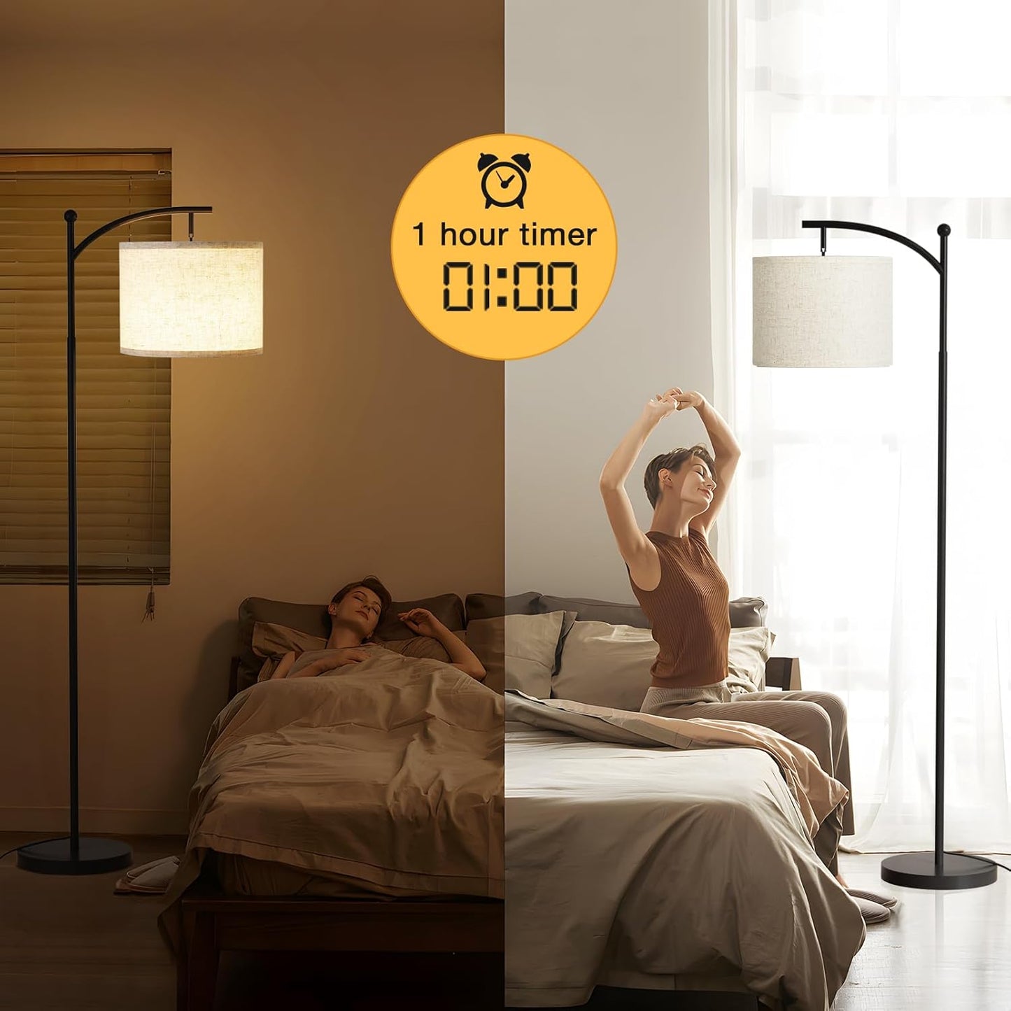 Modern 60" Floor Lamp with Remote Control & Dimmable LED Bulb - Beige Shade, Adjustable Brightness for Living Room