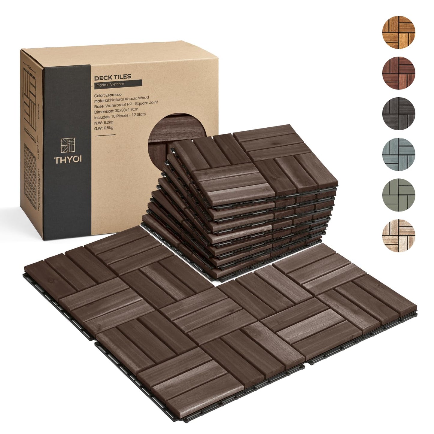 Outdoor Waterproof Acacia Wood Deck Tiles - 10 Pcs Patio Flooring for All Weather Use