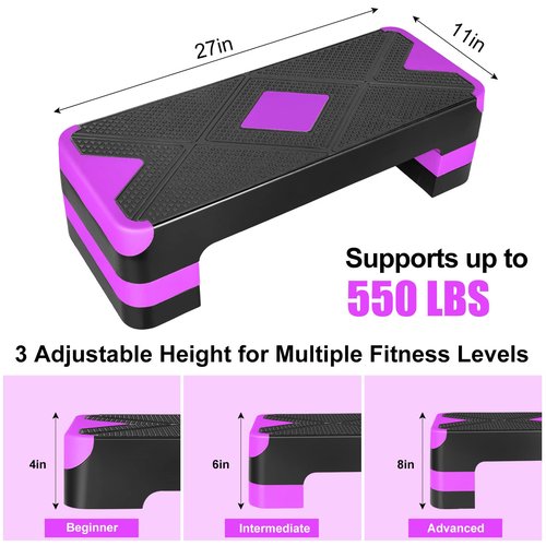 Adjustable Workout Aerobic Stepper in Fitness & Exercise Step Platform Trainer 3 settings adjustable height 4”-6”-8”