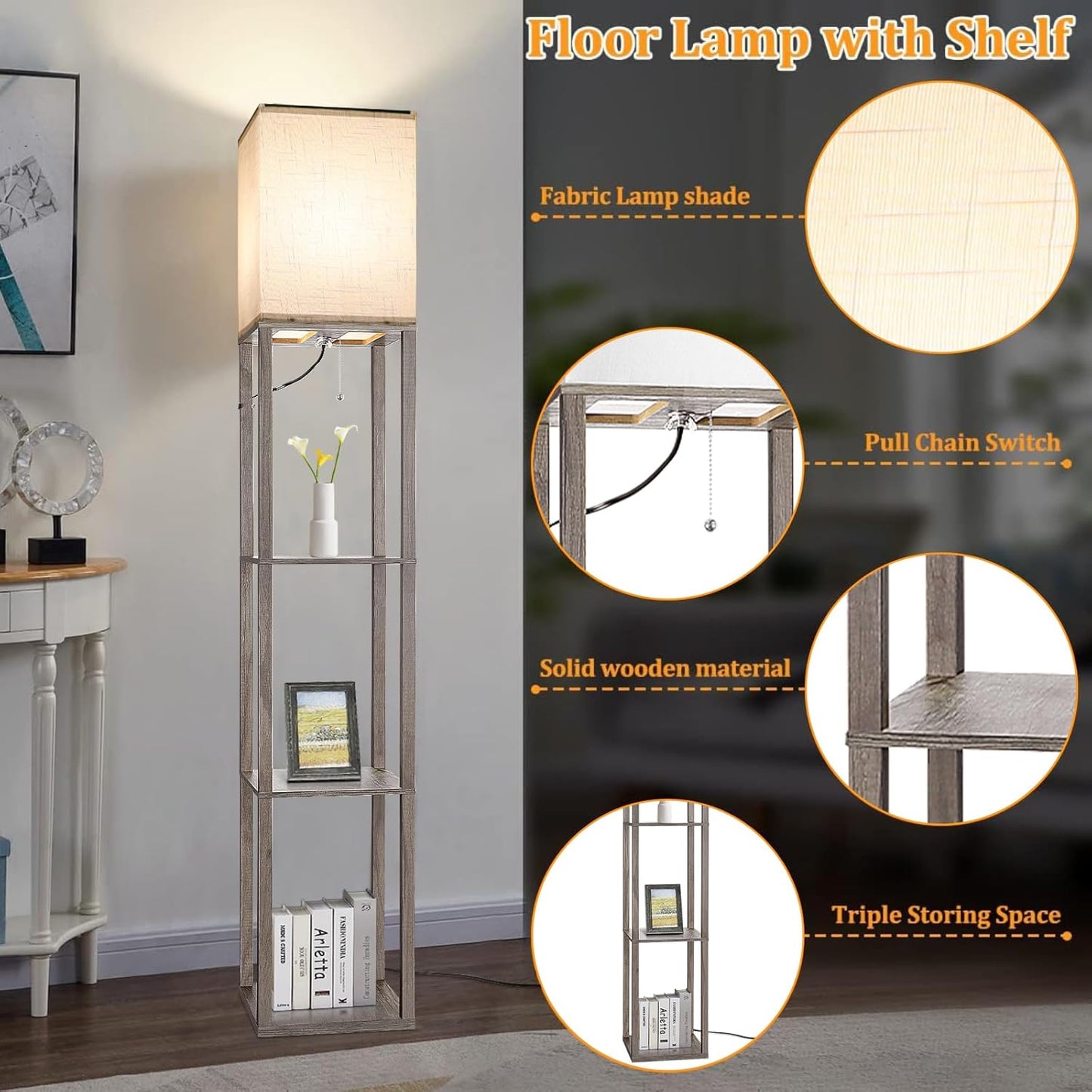 Modern Wood Corner Floor Lamp with Shelves & 3 CCT LED Bulb - Rustic Nightstand & Display Lamp for Living Room, Bedroom, Office