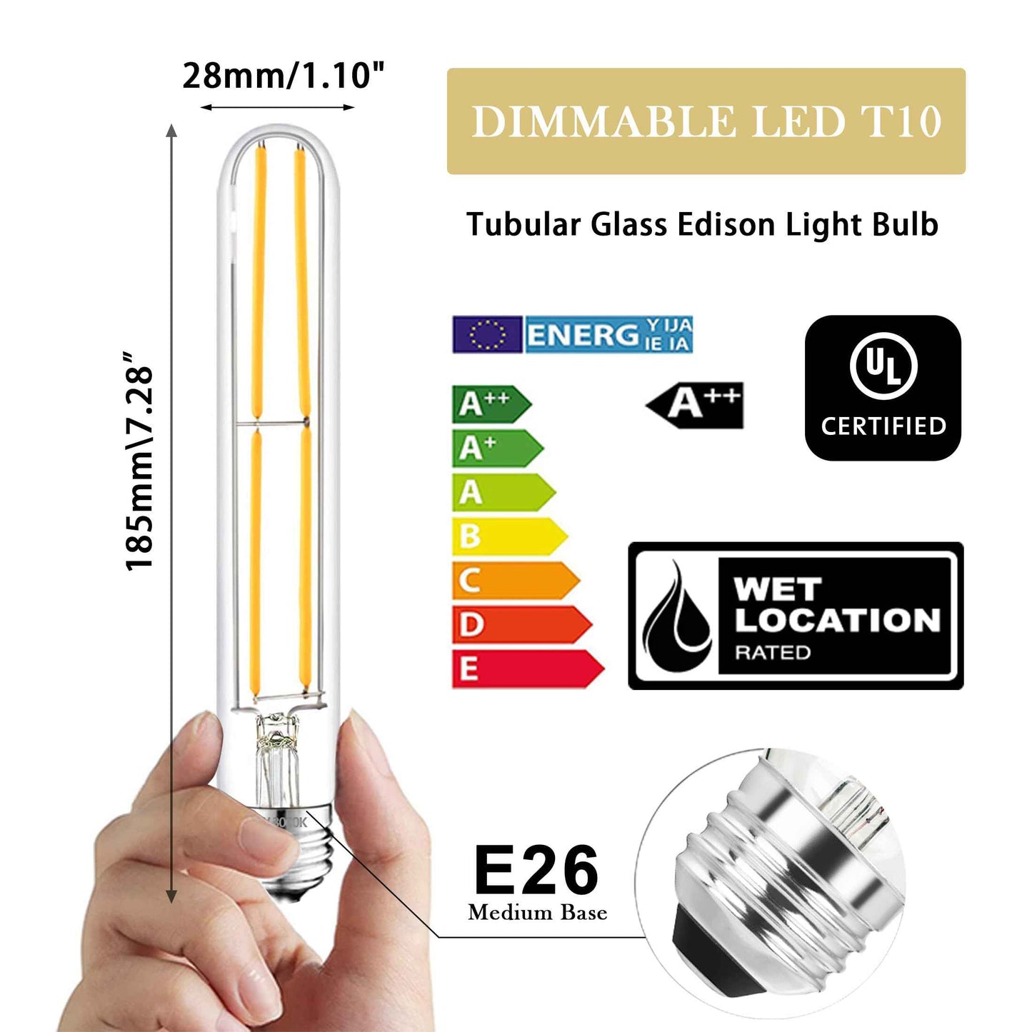 NOVELUX 7.3 Inch 3000K Warm White Edison Bulbs Equal 80 Watt, 800LM E26 Led Bulb 6W Dimmable, T10 T9 Long Tubular Clear Glass Light Bulbfor Vanity Pendant Chandeliers Wall Sconces - UL Cert 2Pack