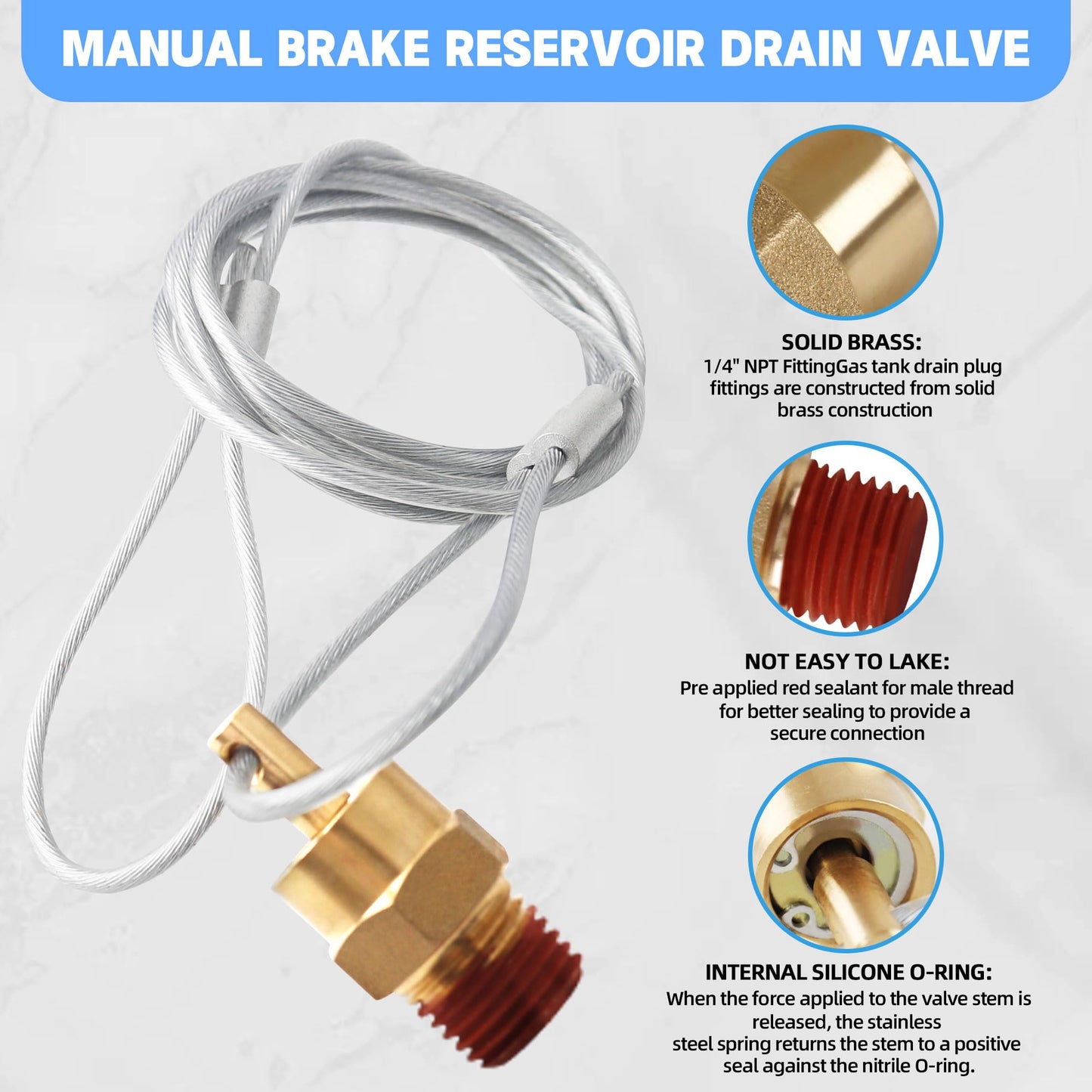 3/8” Air Tank Drain Valve Plug with 60” Cable, Dazakoot Brass Tank Drain Valve Replacement Part, Tank Drain Valve Max Working Pressure 350PSI - 2Pack
